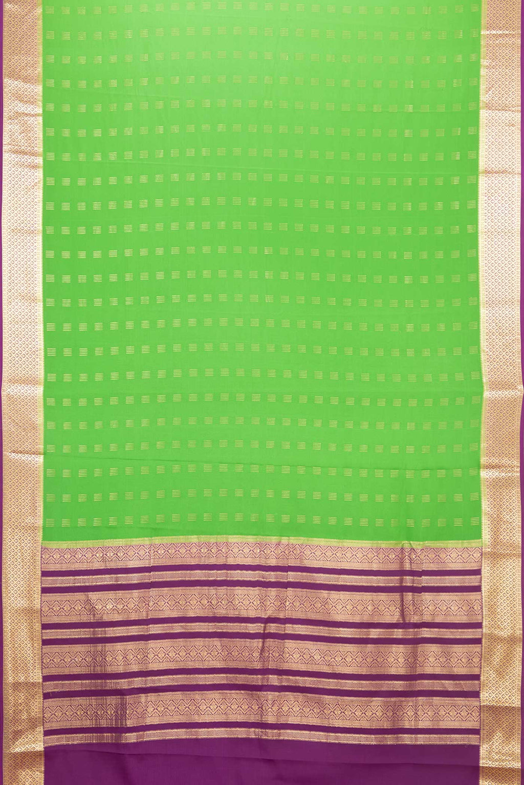 Flat view of Green Dual Tone Mysore Crepe Saree with Zari Butta on the body and Zari Border