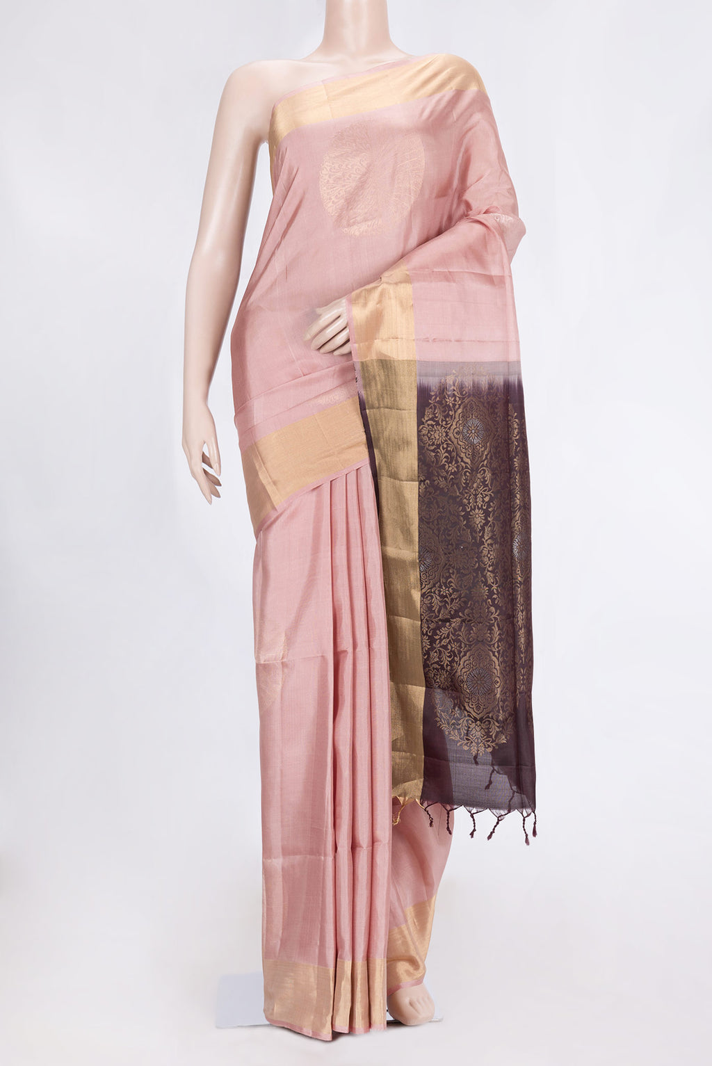 Rose Gold Dual Tone Soft Silk Saree with Zari Butta on the body and Zari Border.  displayed on a mannequin