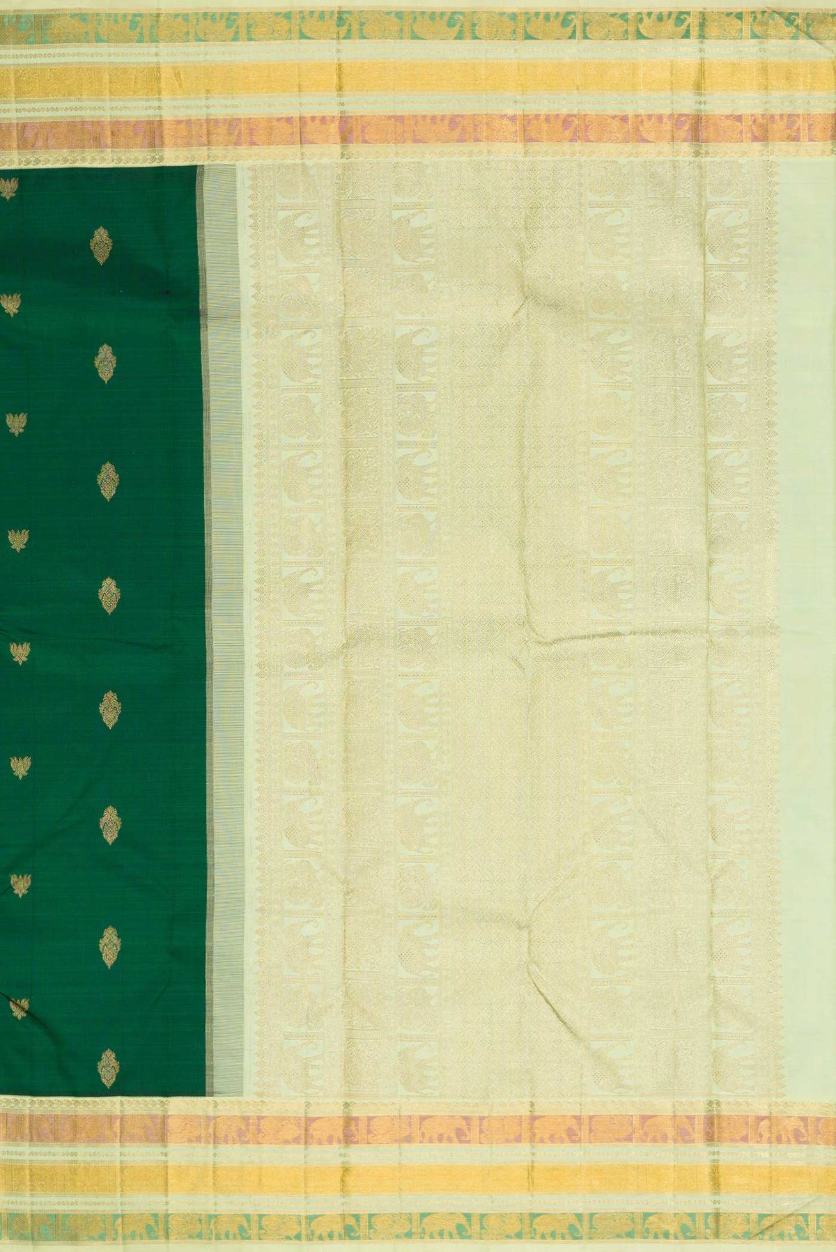 Close up image of the pallu of Pure Silk Pure Zari Bottle Green Dual Tone Kanchipuram Saree with Zari Butta on the body and Zari Border