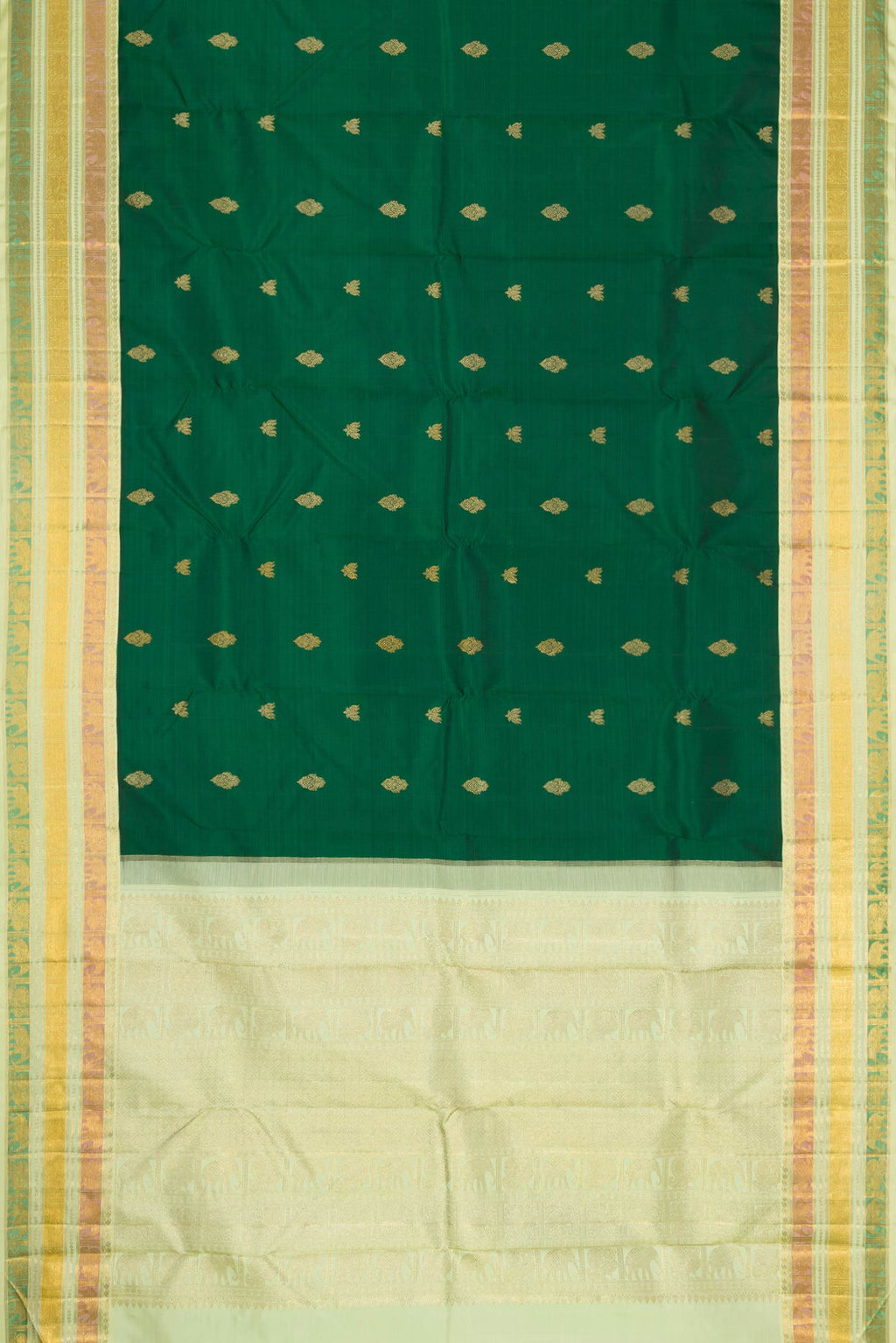 Flat view of Pure Silk Pure Zari Bottle Green Dual Tone Kanchipuram Saree with Zari Butta on the body and Zari Border