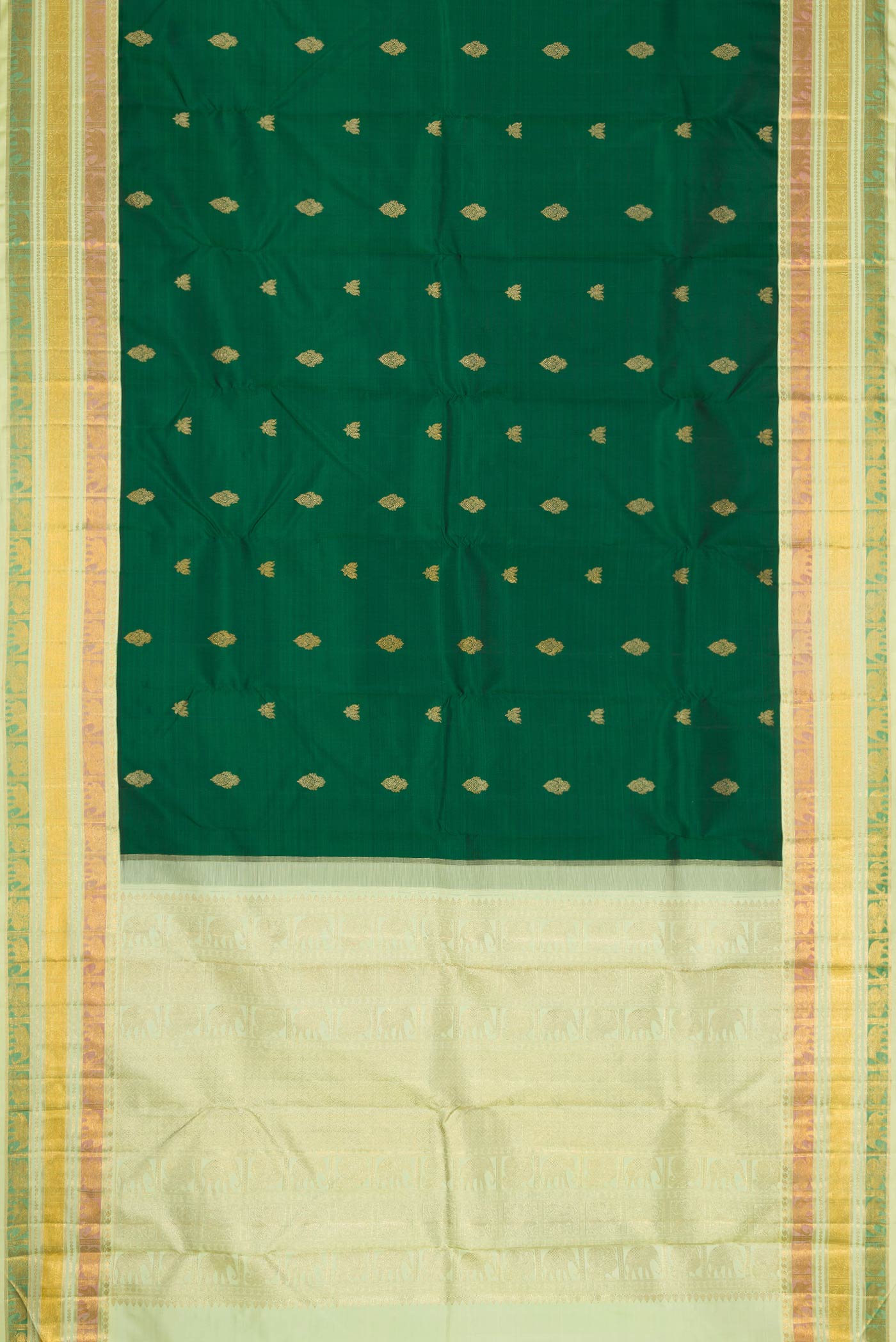 Flat view of Pure Silk Pure Zari Bottle Green Dual Tone Kanchipuram Saree with Zari Butta on the body and Zari Border