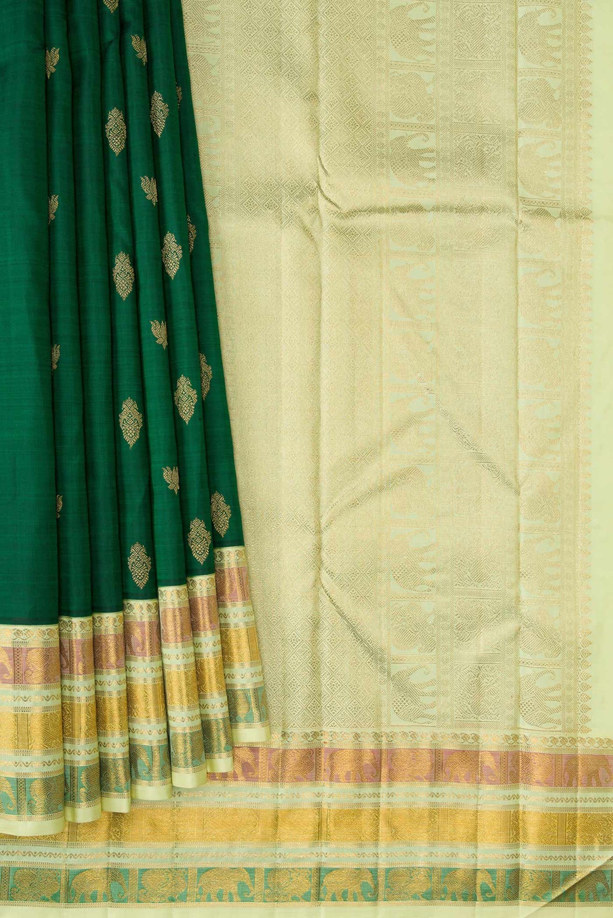 Pleats and pallu of Pure Silk Pure Zari Bottle Green Dual Tone Kanchipuram Saree with Zari Butta on the body and Zari Border