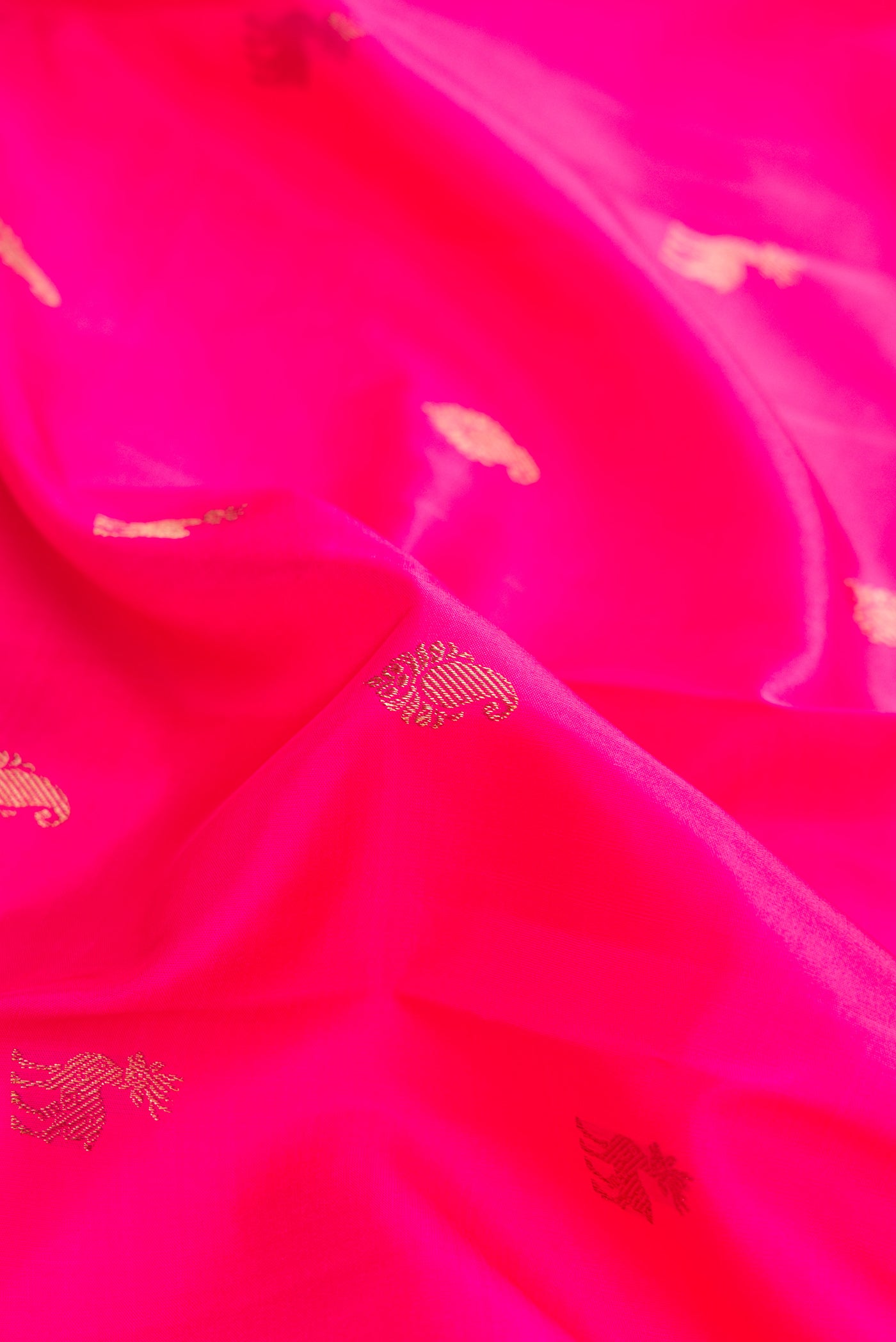 Close up of Pink Dual Tone Kanchipuram Silk Saree with Zari Butta on the body and Zari Border.  displaying folds