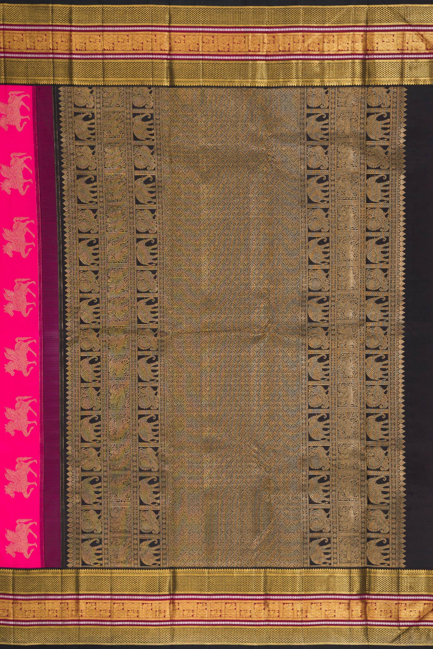 Close up image of the pallu of Pink Dual Tone Kanchipuram Silk Saree with Zari Butta on the body and Zari Border. 