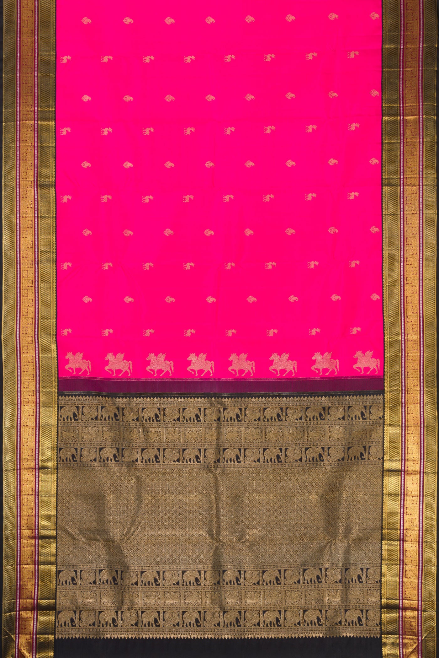 Flat view of Pink Dual Tone Kanchipuram Silk Saree with Zari Butta on the body and Zari Border. 