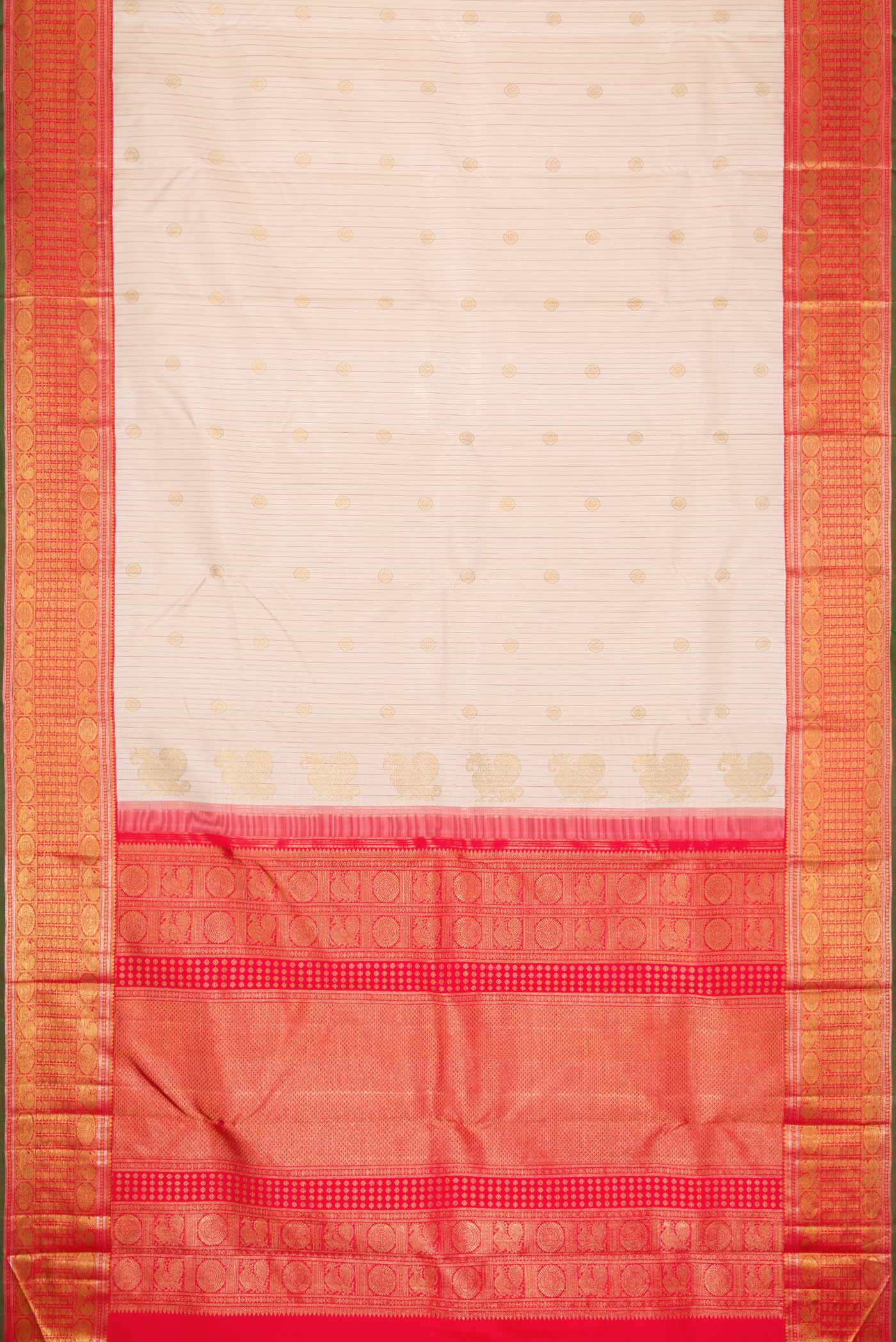 Flat view of Pure Silk Pure Zari Rose Gold Dual Tone Kanchipuram Saree with Stripes on the body and Zari Border