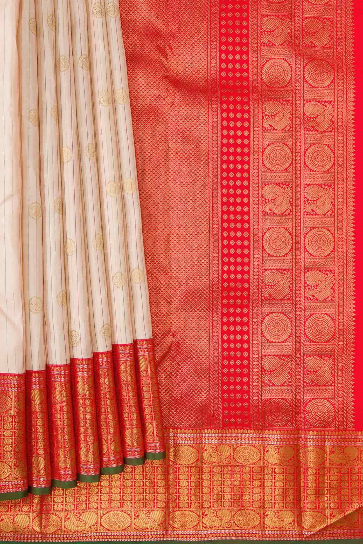 Pleats and pallu of Pure Silk Pure Zari Rose Gold Dual Tone Kanchipuram Saree with Stripes on the body and Zari Border