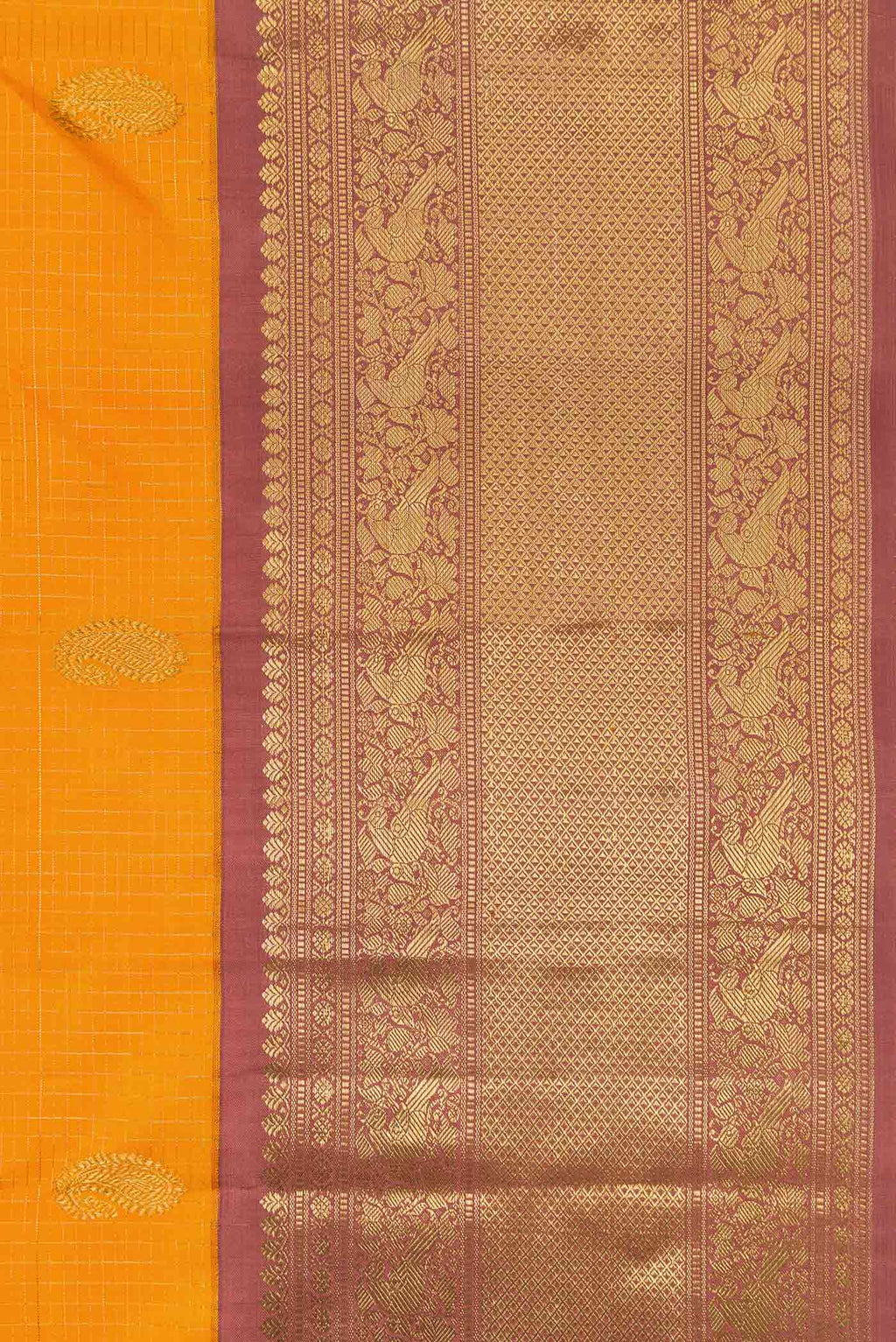 Border image of Pure Silk Pure Zari Yellow Kanchipuram Saree with Checked design on the body and Zari Border