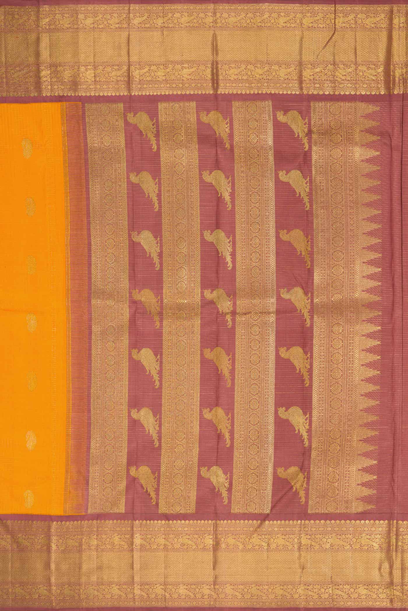 Close up image of the pallu of Pure Silk Pure Zari Yellow Kanchipuram Saree with Checked design on the body and Zari Border