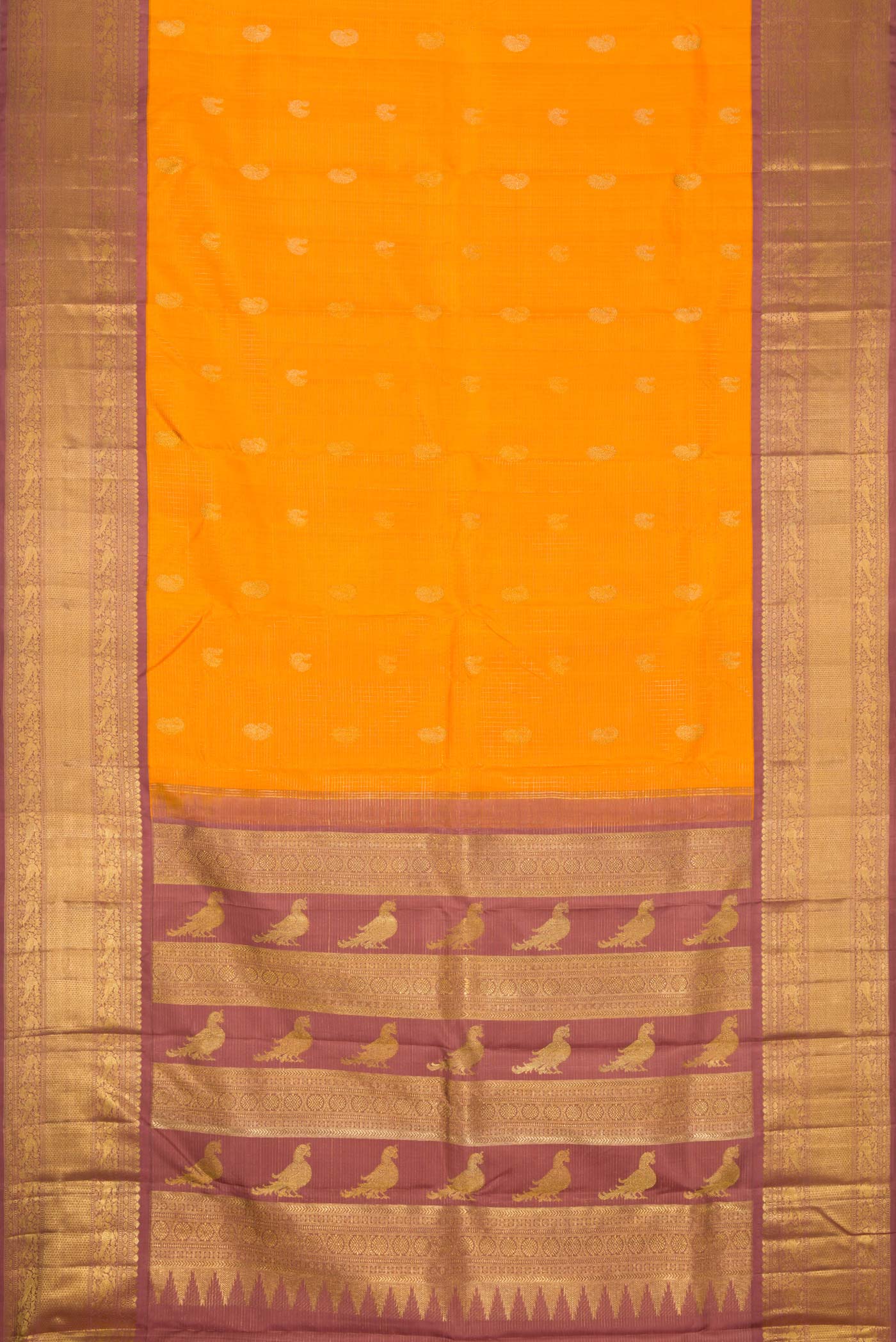 Flat view of Pure Silk Pure Zari Yellow Kanchipuram Saree with Checked design on the body and Zari Border
