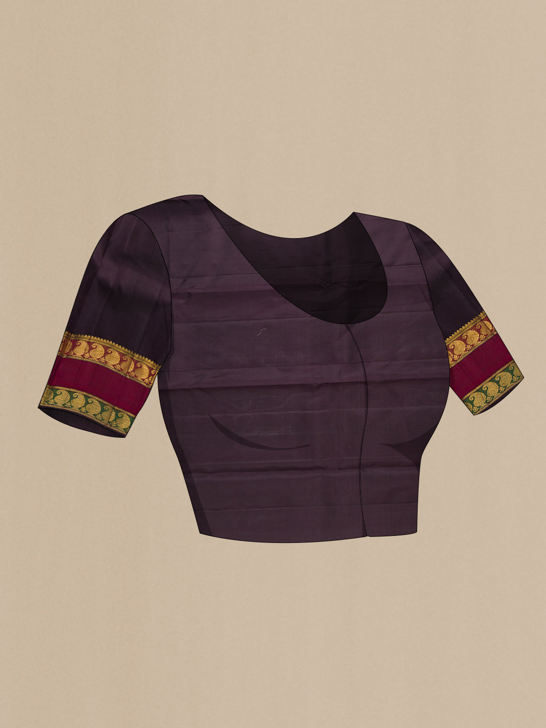 Close up image of the blouse of Pure Silk Pure Zari Brown Dual Tone Kanchipuram Saree with Zari Butta on the body and Zari Border. 