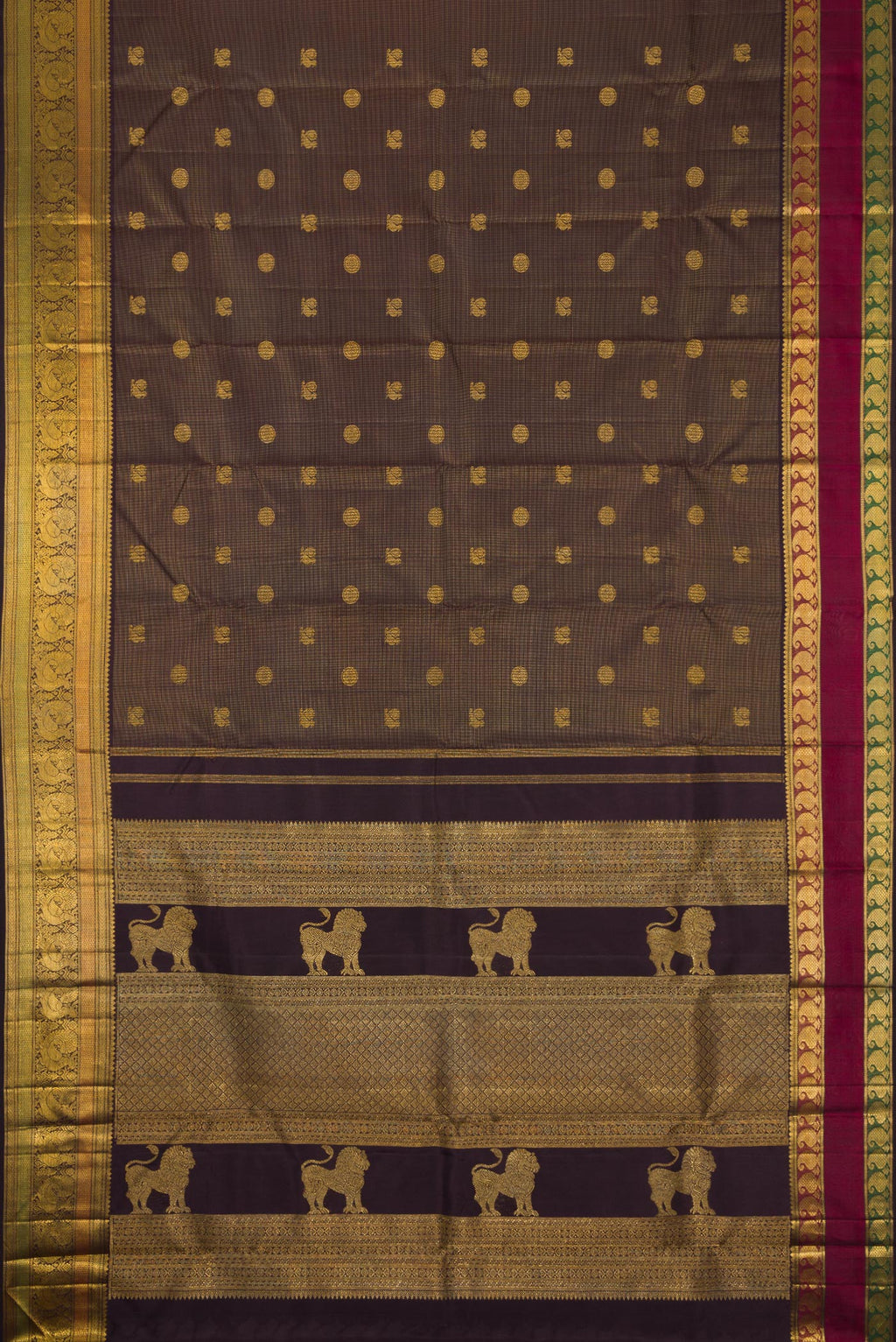 Flat view of Pure Silk Pure Zari Brown Dual Tone Kanchipuram Saree with Zari Butta on the body and Zari Border. 