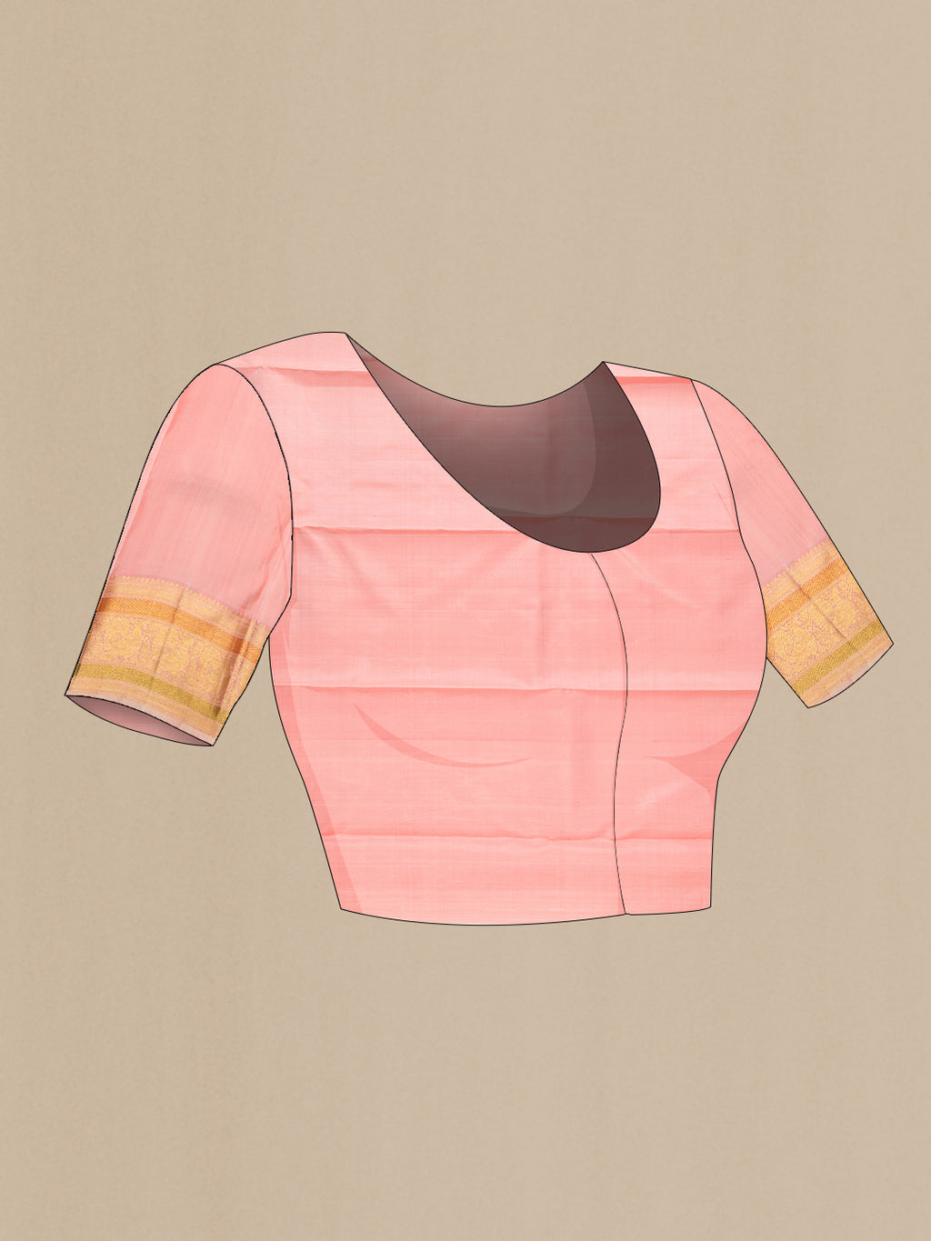 Close up image of the blouse of Peach Kanchipuram Silk Saree with Zari Butta on the body and Zari And Thread Border. 