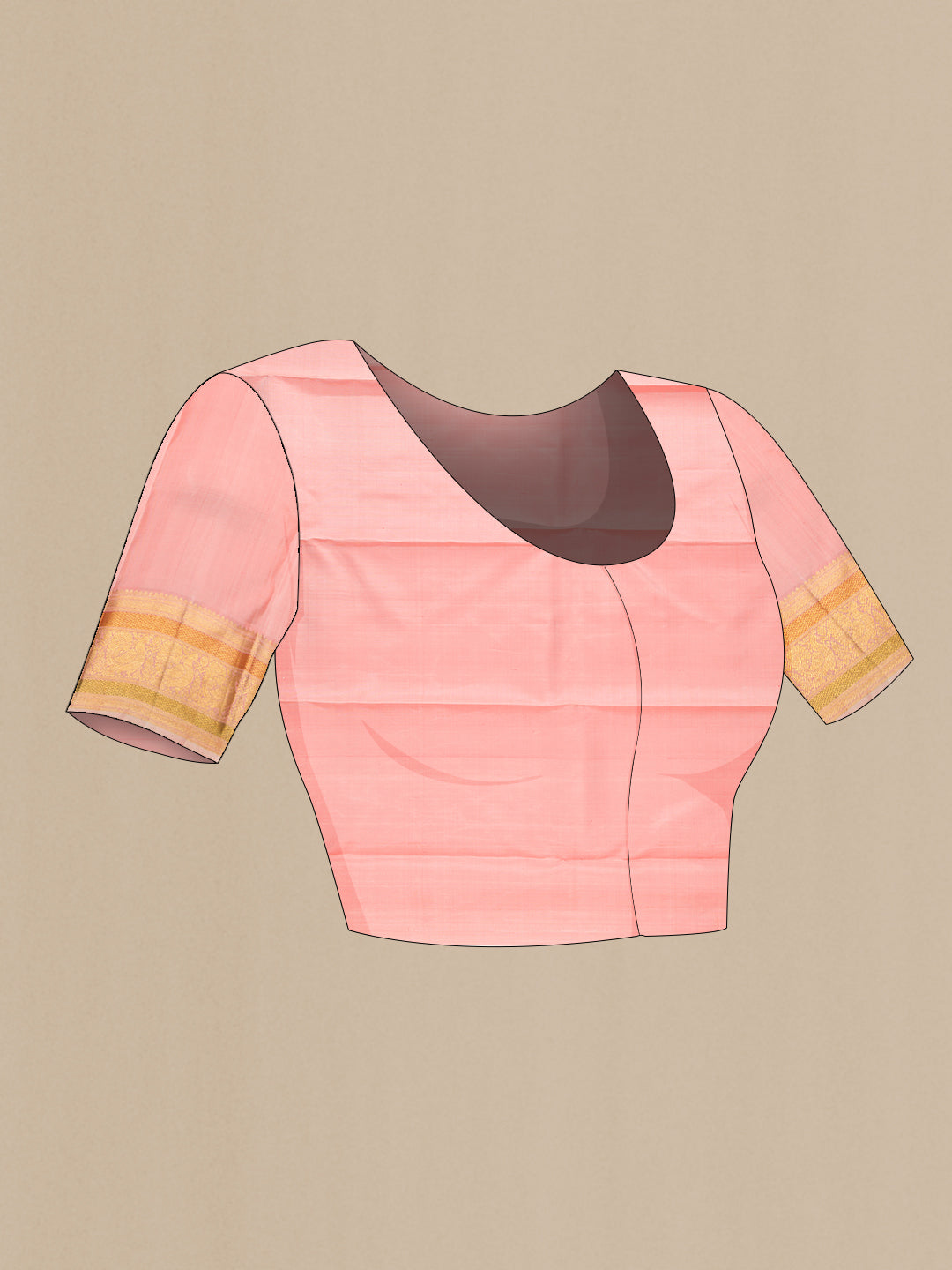 Close up image of the blouse of Peach Kanchipuram Silk Saree with Zari Butta on the body and Zari And Thread Border. 