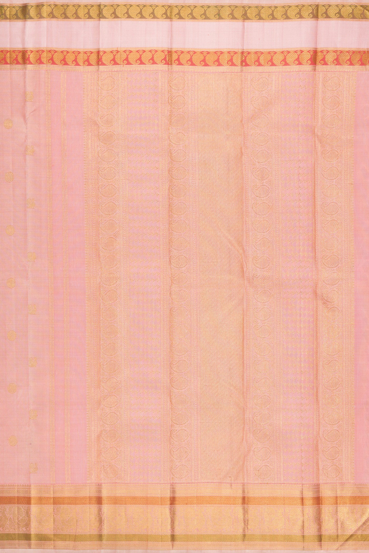 Close up image of the pallu of Peach Kanchipuram Silk Saree with Zari Butta on the body and Zari And Thread Border. 