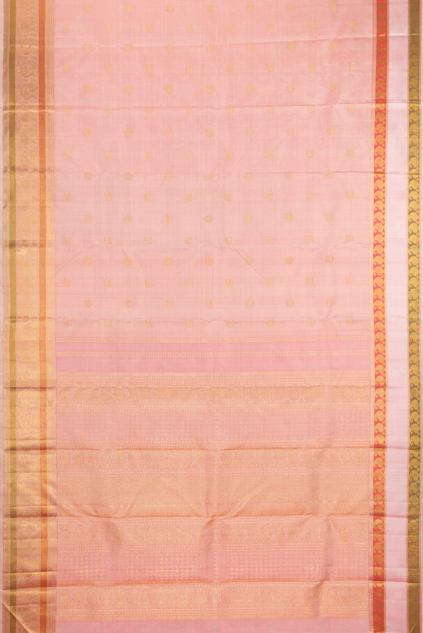 Flat view of Peach Kanchipuram Silk Saree with Zari Butta on the body and Zari And Thread Border. 