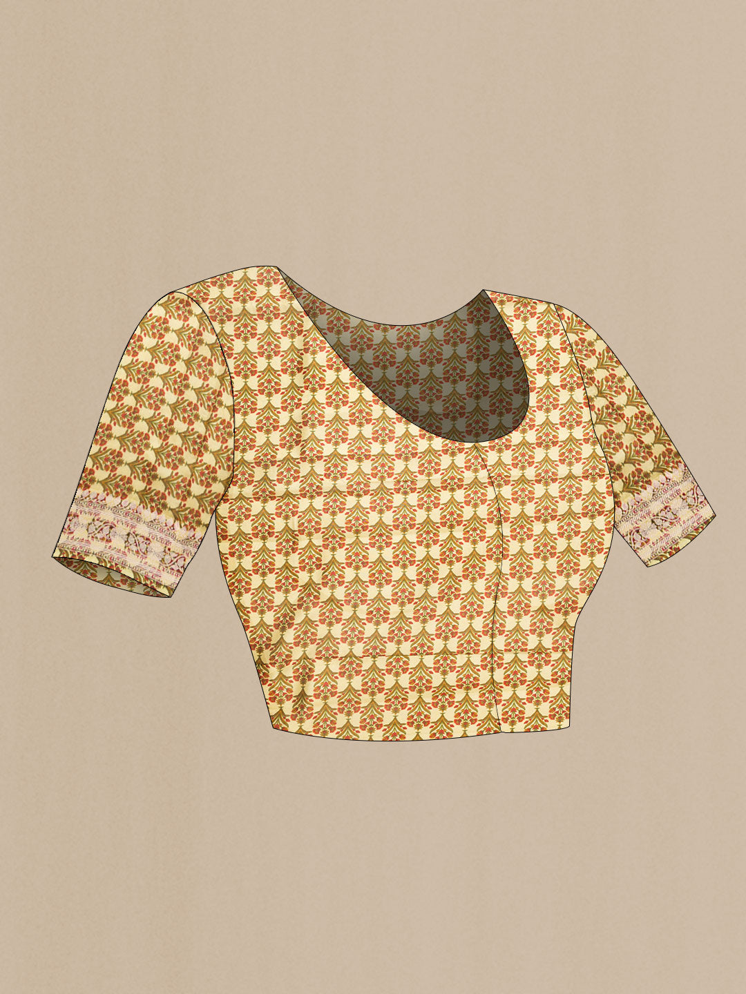 Close up image of the blouse of Green Dual Tone Organza Silk Saree with Printed design on the body and Zari Border. 