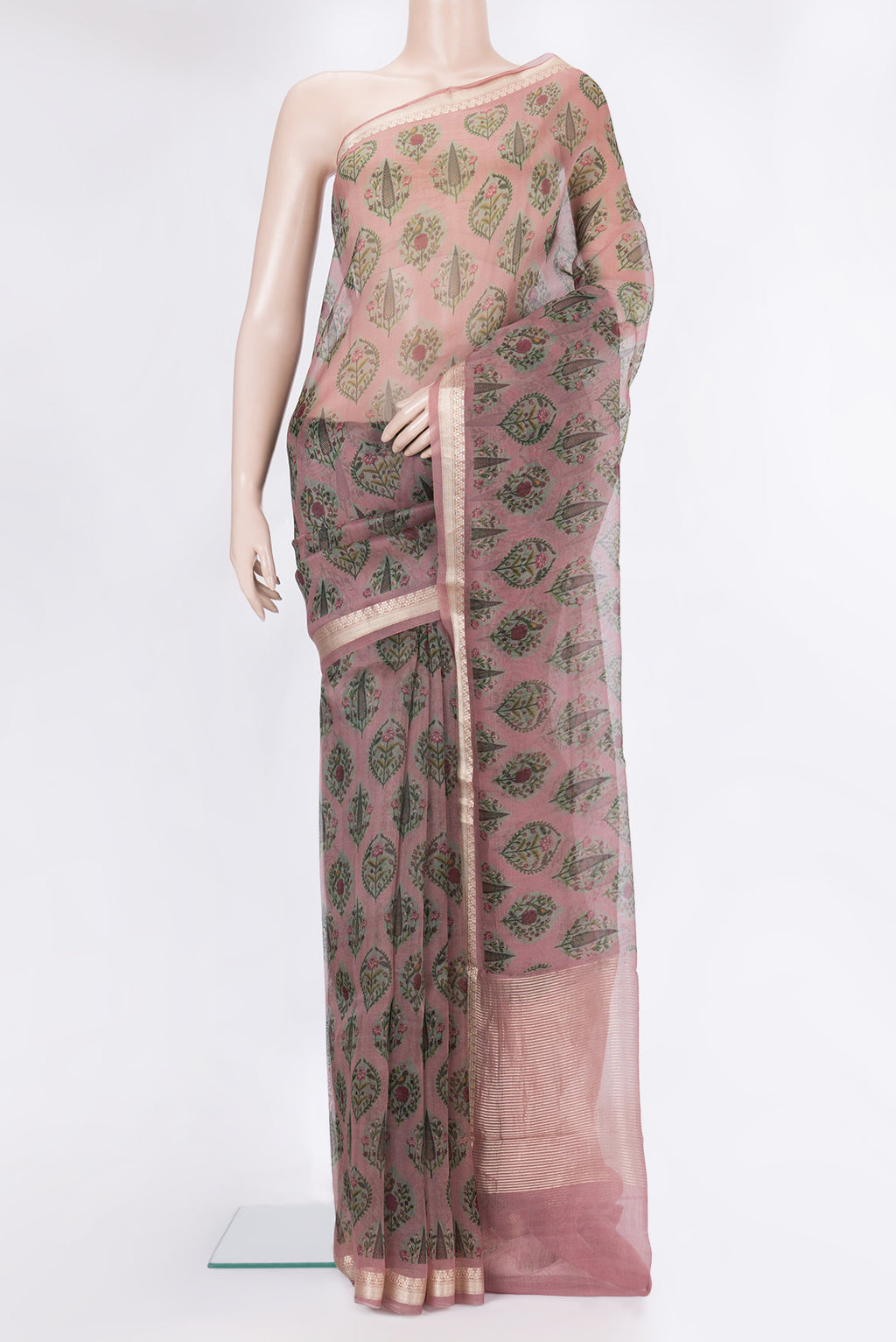 Mauve Organza Silk Saree with Printed design on the body and Zari Border.  displayed on a mannequin