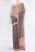 Mauve Organza Silk Saree with Printed design on the body and Zari Border.  displayed on a mannequin