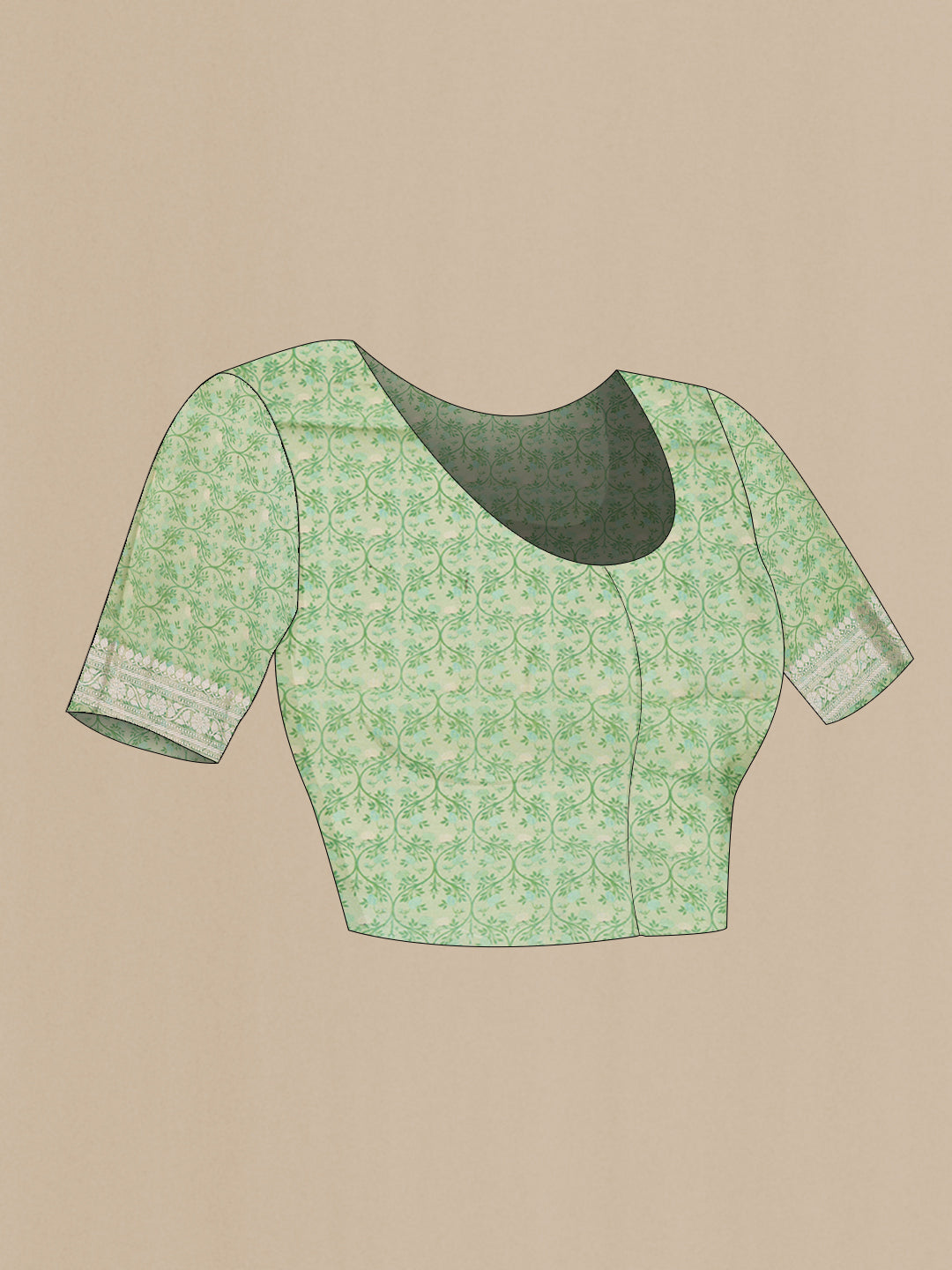 Close up image of the blouse of Pista Green Dual Tone Organza Silk Saree with Printed design on the body and Zari Border. 