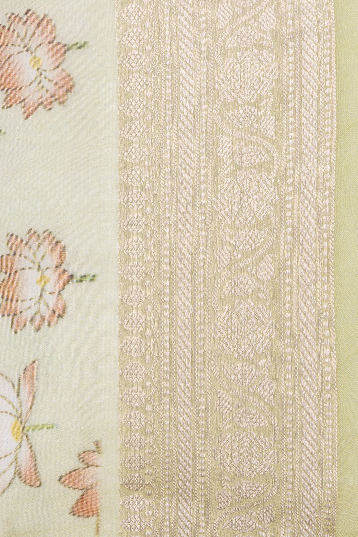 Border image of Pista Green Dual Tone Organza Silk Saree with Printed design on the body and Zari Border. 