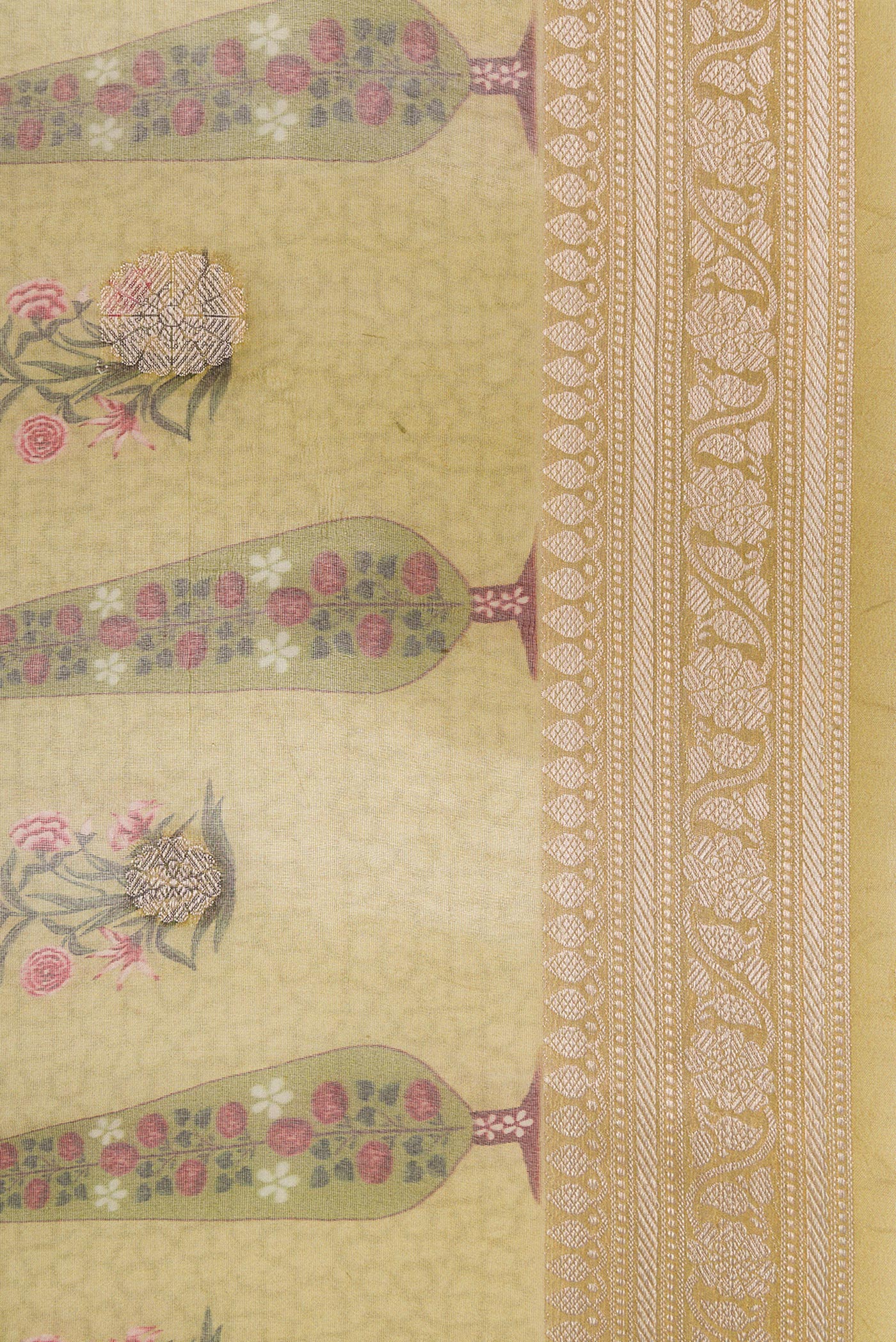 Border image of Pista Green Dual Tone Organza Silk Saree with Printed design on the body and Zari Border. 