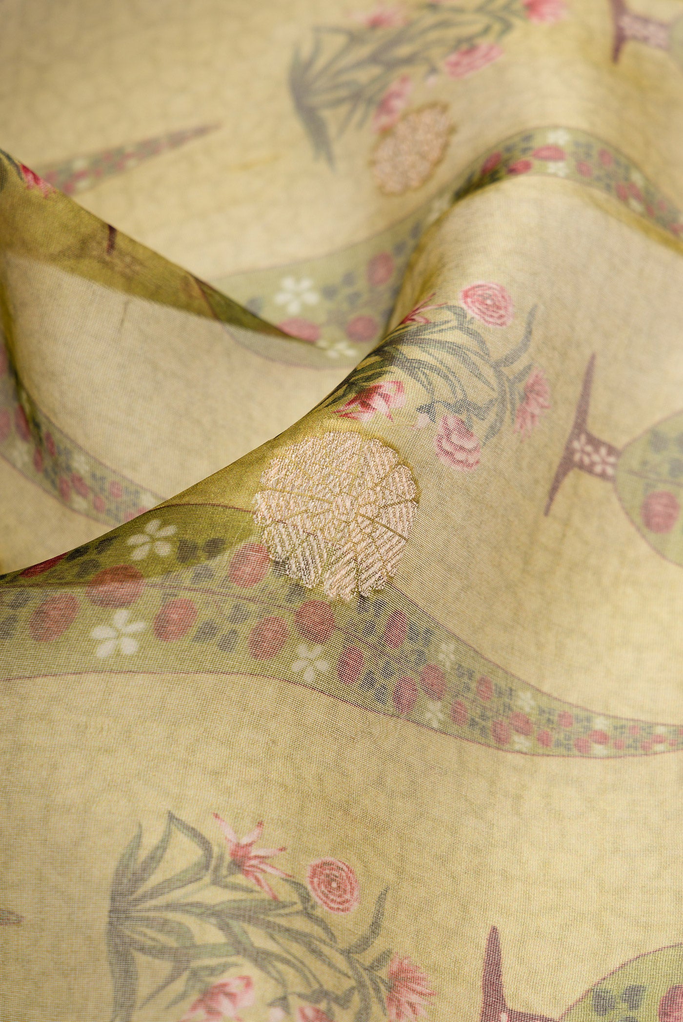 Close up of Pista Green Dual Tone Organza Silk Saree with Printed design on the body and Zari Border.  displaying folds