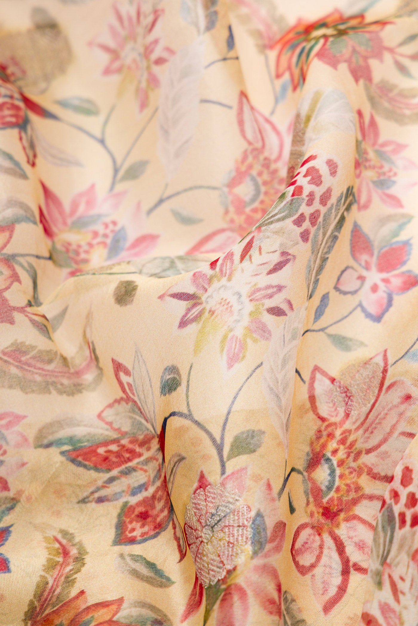 Close up of Sandal Dual Tone Organza Silk Saree with Printed design on the body and Zari Border.  displaying folds