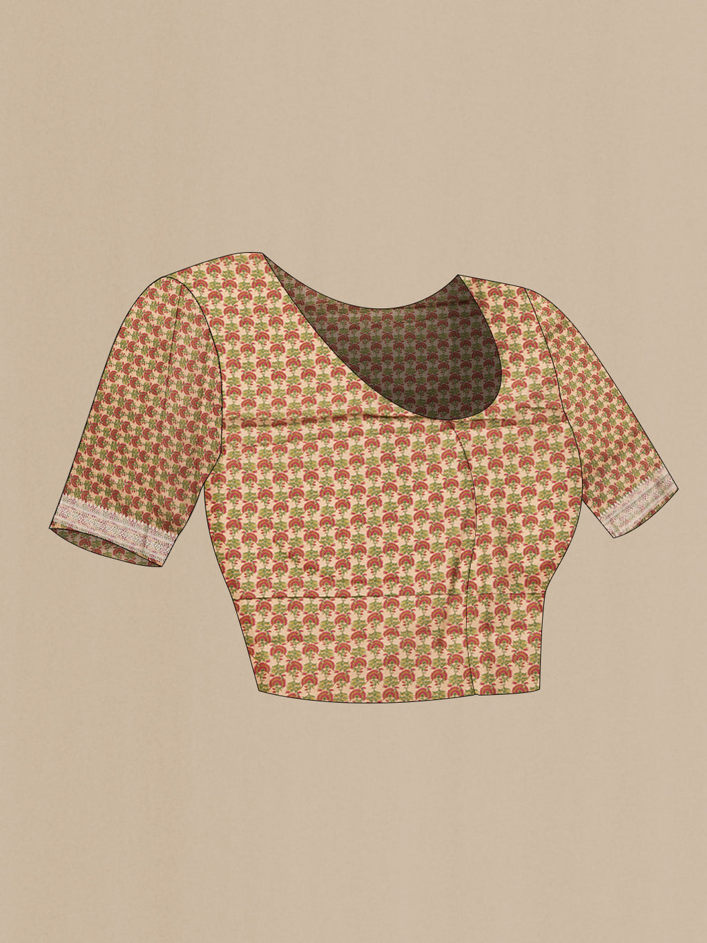 Close up image of the blouse of Peach Dual Tone Organza Silk Saree with Printed design on the body and Zari Border. 