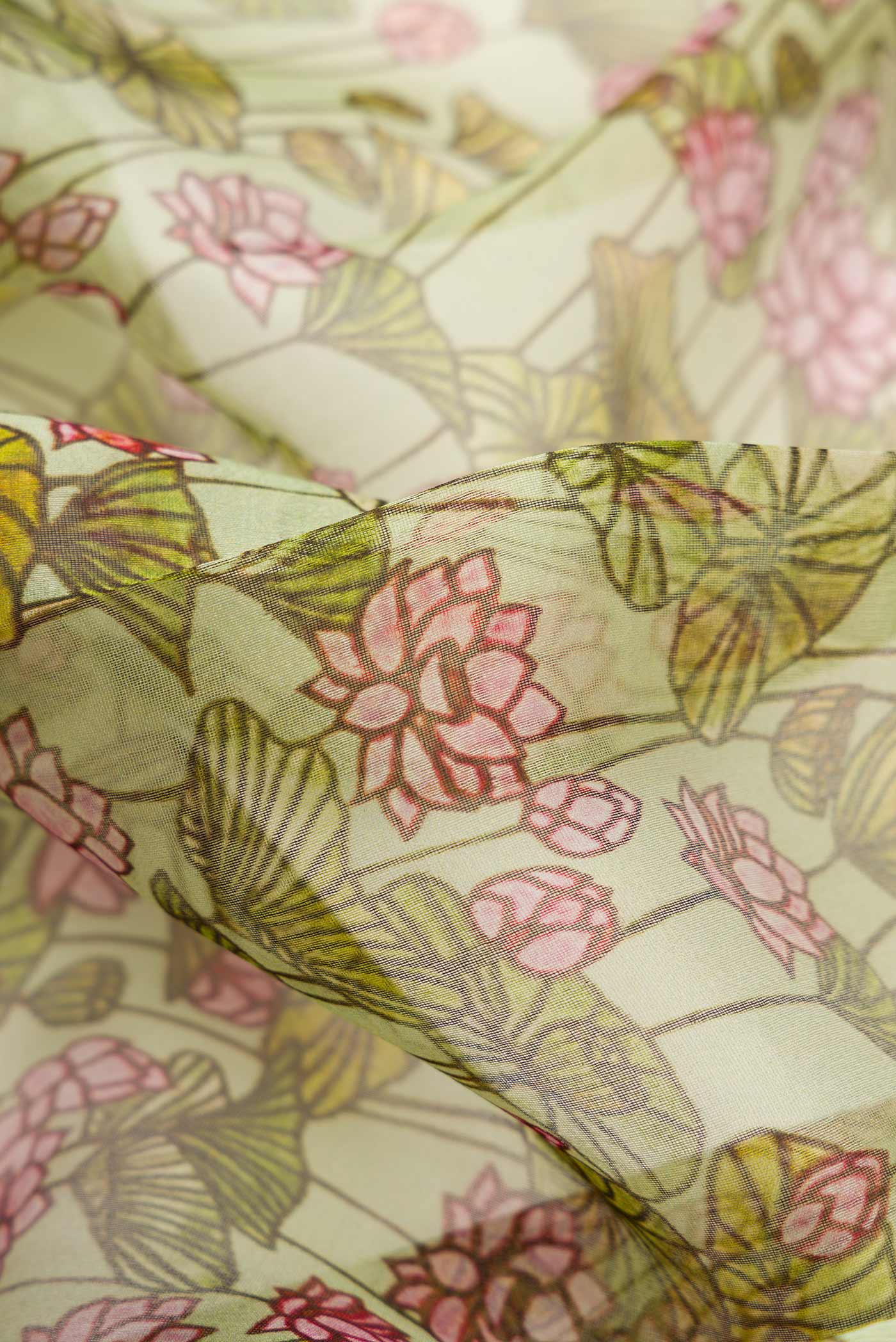 Close up of Pista Green Dual Tone Organza Silk Saree with Printed design on the body and Zari Border.  displaying folds