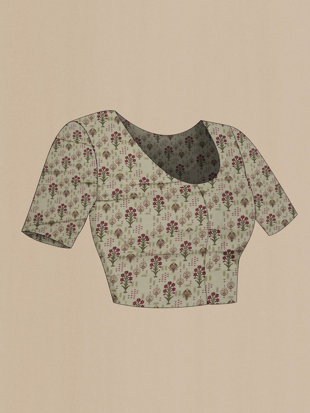 Close up image of the blouse of Beige Dual Tone Organza Silk Saree with Printed design on the body and Zari Border. 