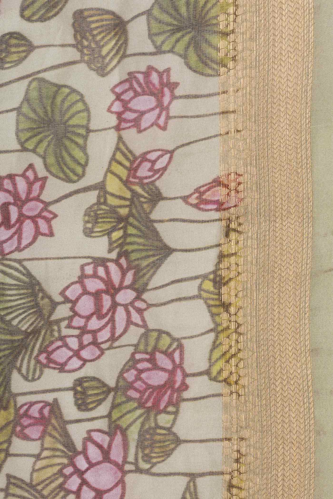 Border image of Beige Dual Tone Organza Silk Saree with Printed design on the body and Zari Border. 