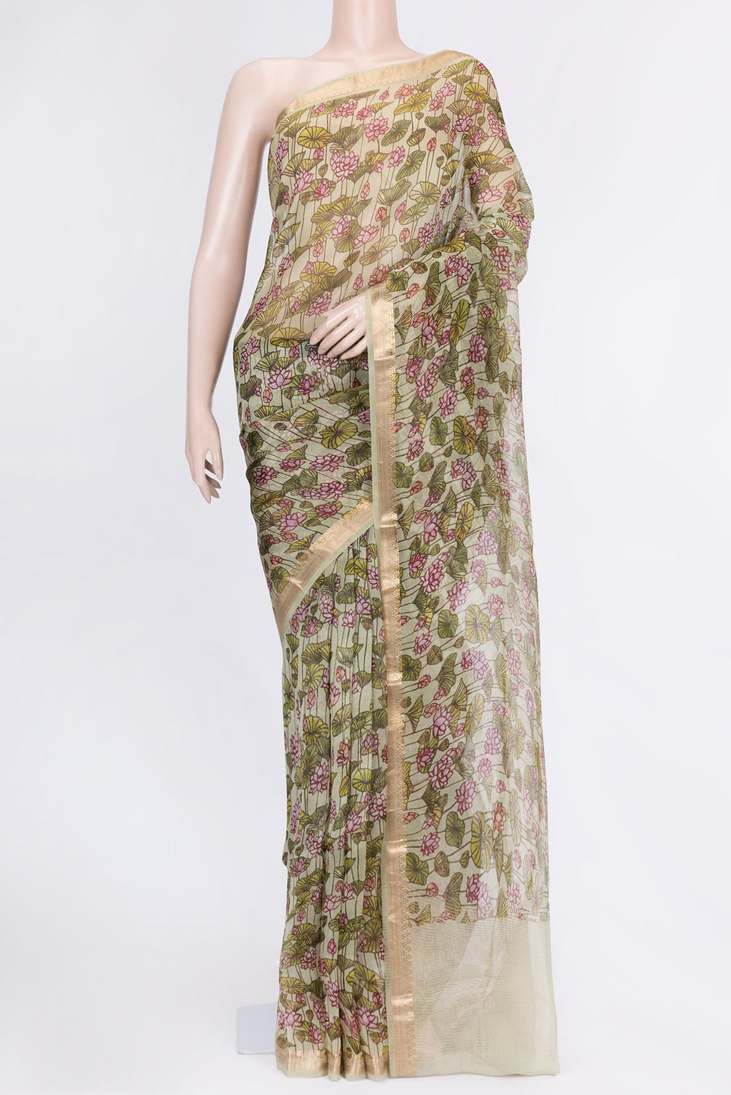 Beige Dual Tone Organza Silk Saree with Printed design on the body and Zari Border.  displayed on a mannequin