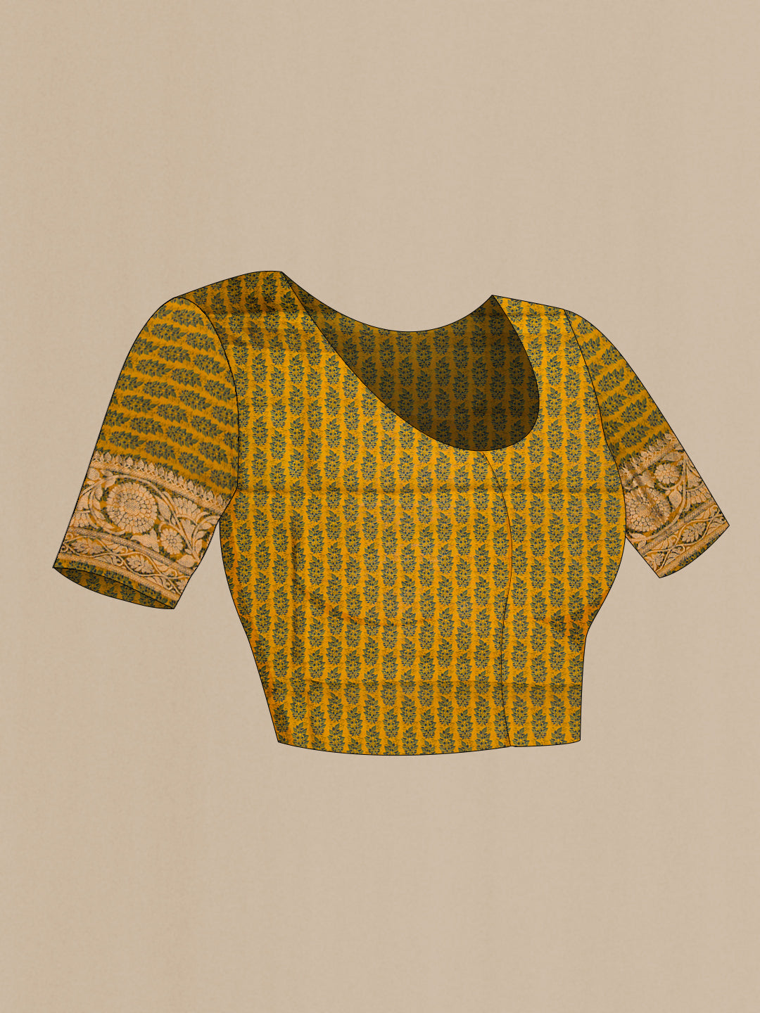 Close up image of the blouse of Mustard Dual Tone Organza Silk Saree with Printed design on the body and Zari Border. 