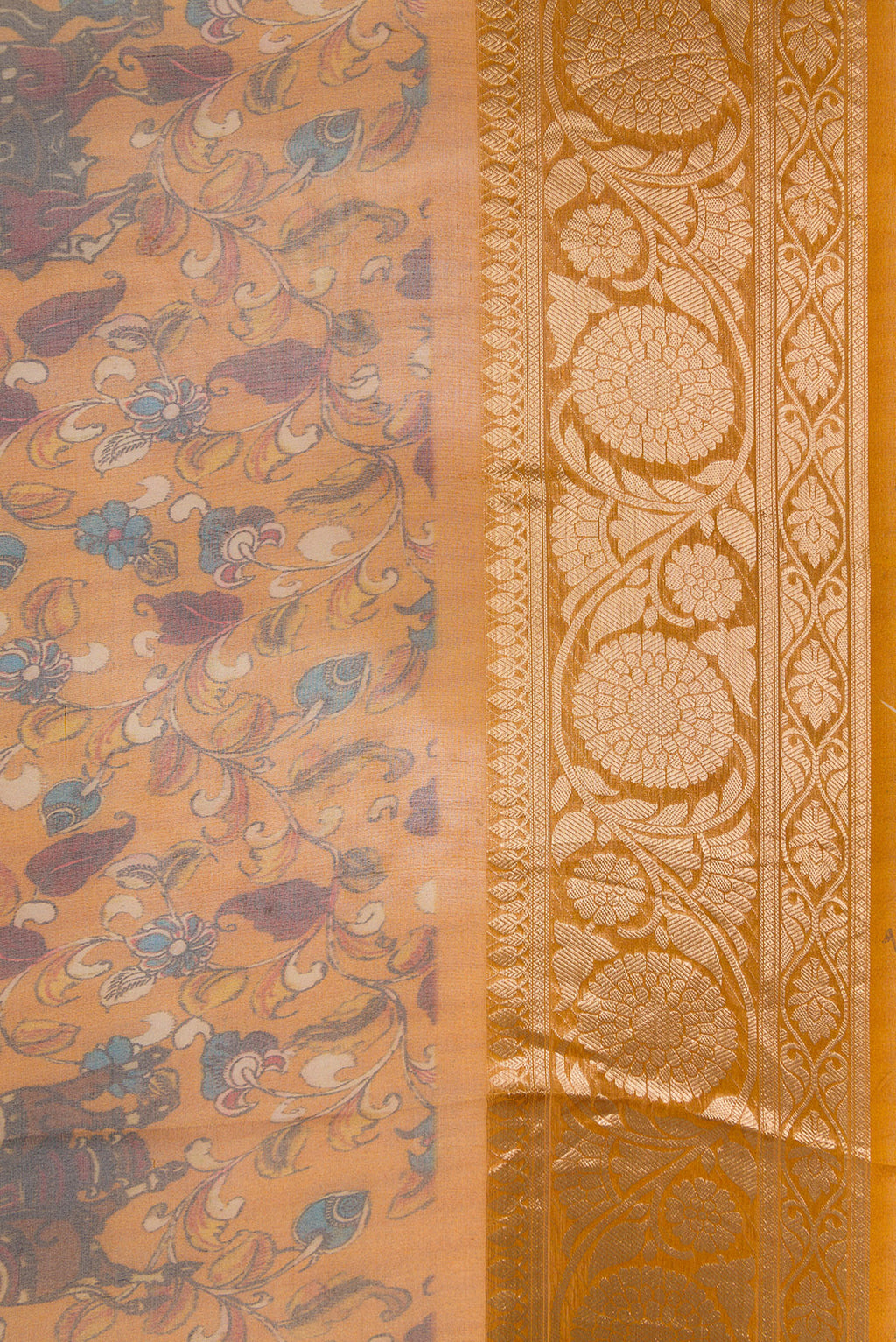 Border image of Mustard Dual Tone Organza Silk Saree with Printed design on the body and Zari Border. 