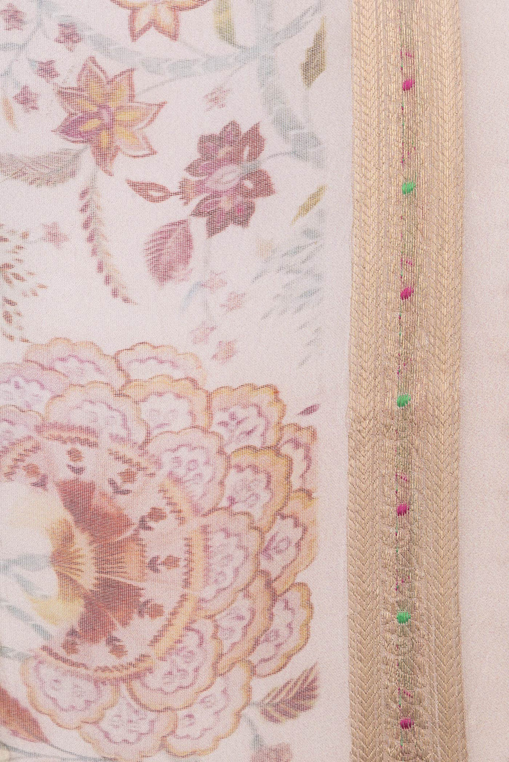 Border image of Beige Dual Tone Organza Silk Saree with Printed design on the body and Zari Border. 
