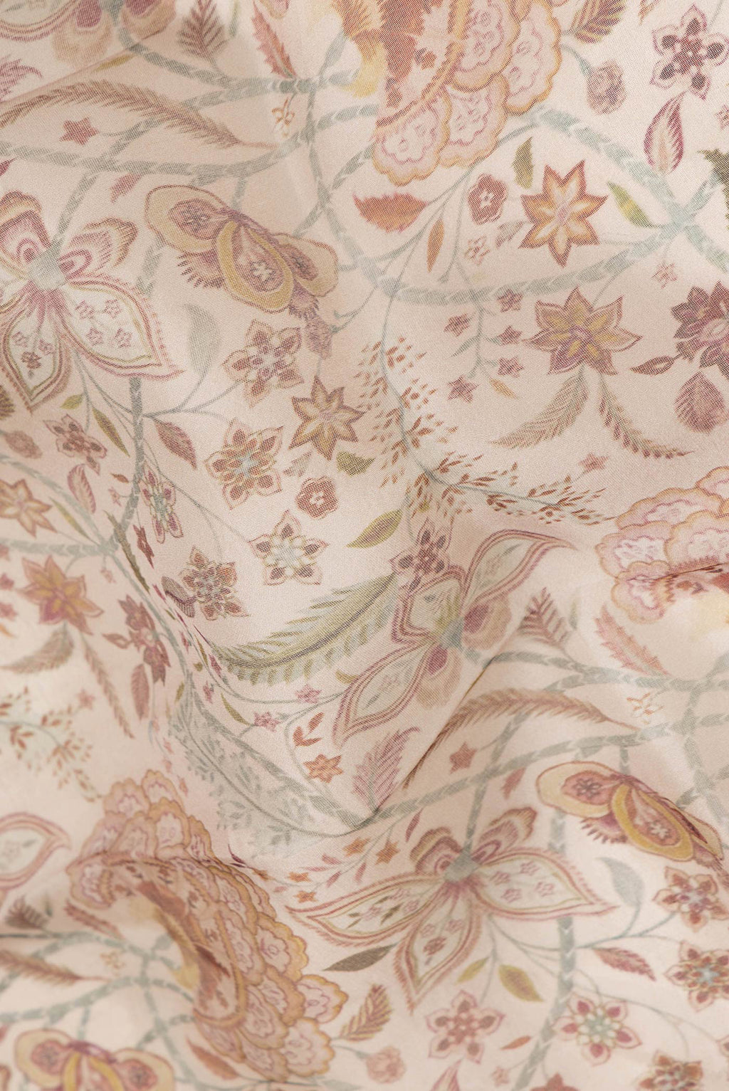 Close up of Beige Dual Tone Organza Silk Saree with Printed design on the body and Zari Border.  displaying folds