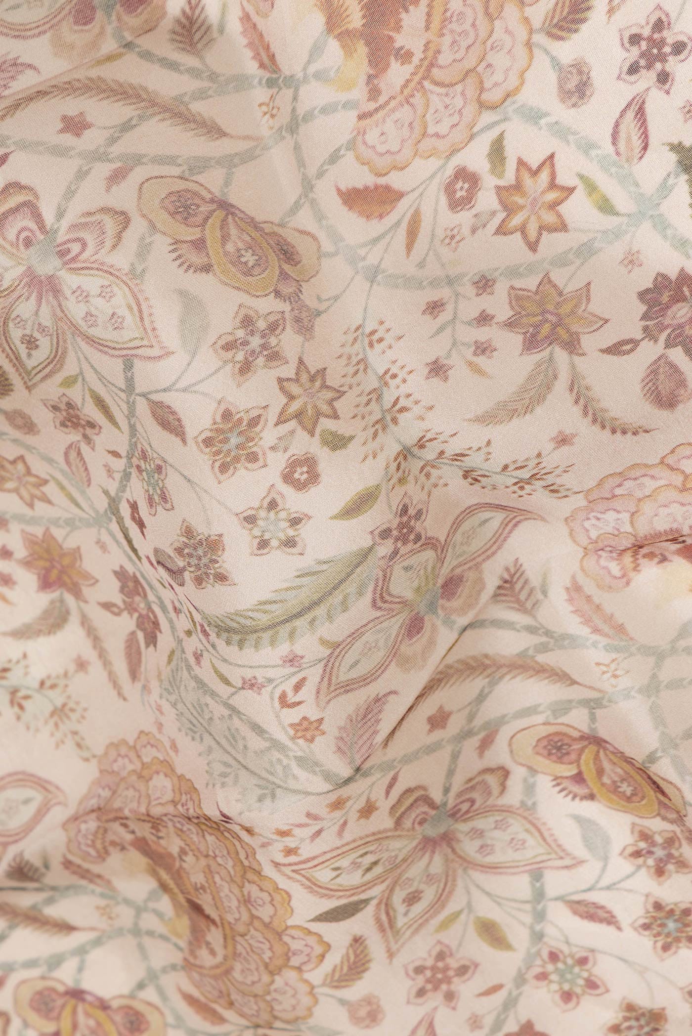 Close up of Beige Dual Tone Organza Silk Saree with Printed design on the body and Zari Border.  displaying folds