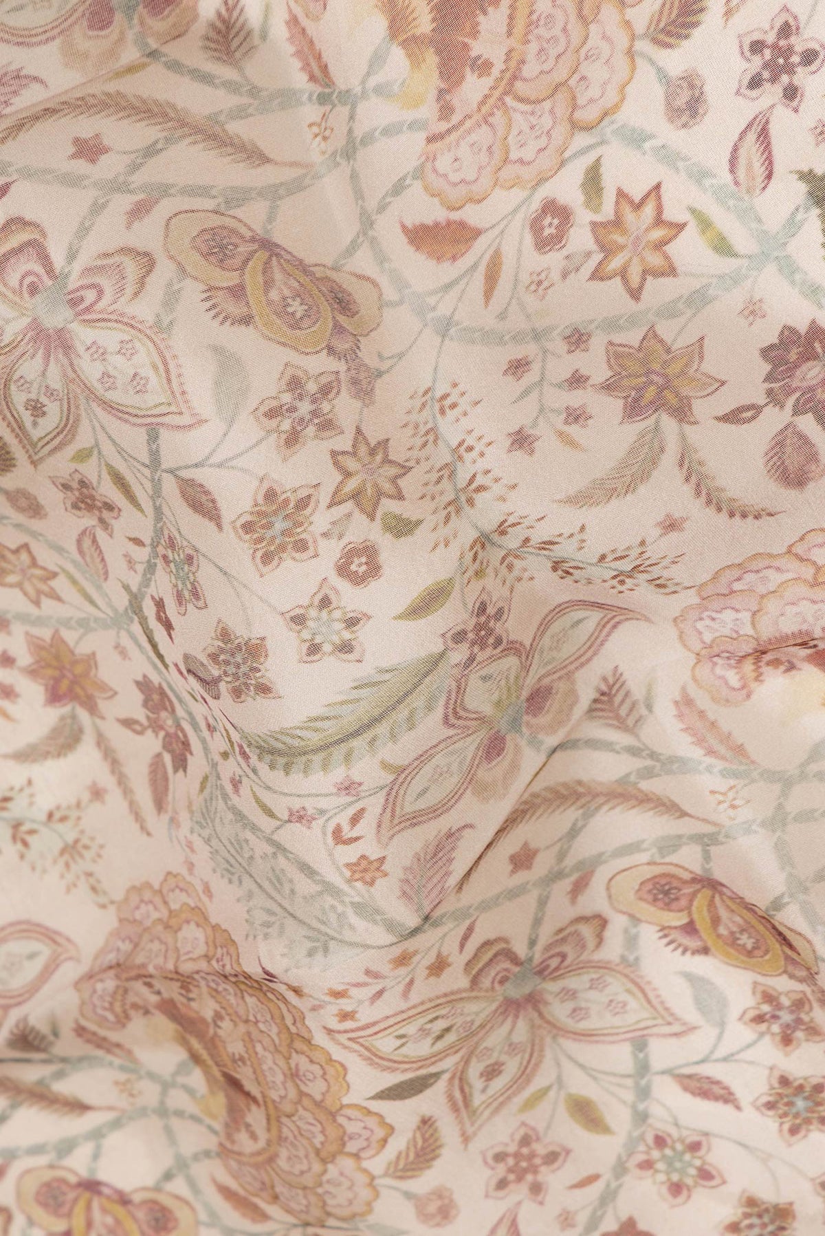 Close up of Beige Dual Tone Organza Silk Saree with Printed design on the body and Zari Border.  displaying folds