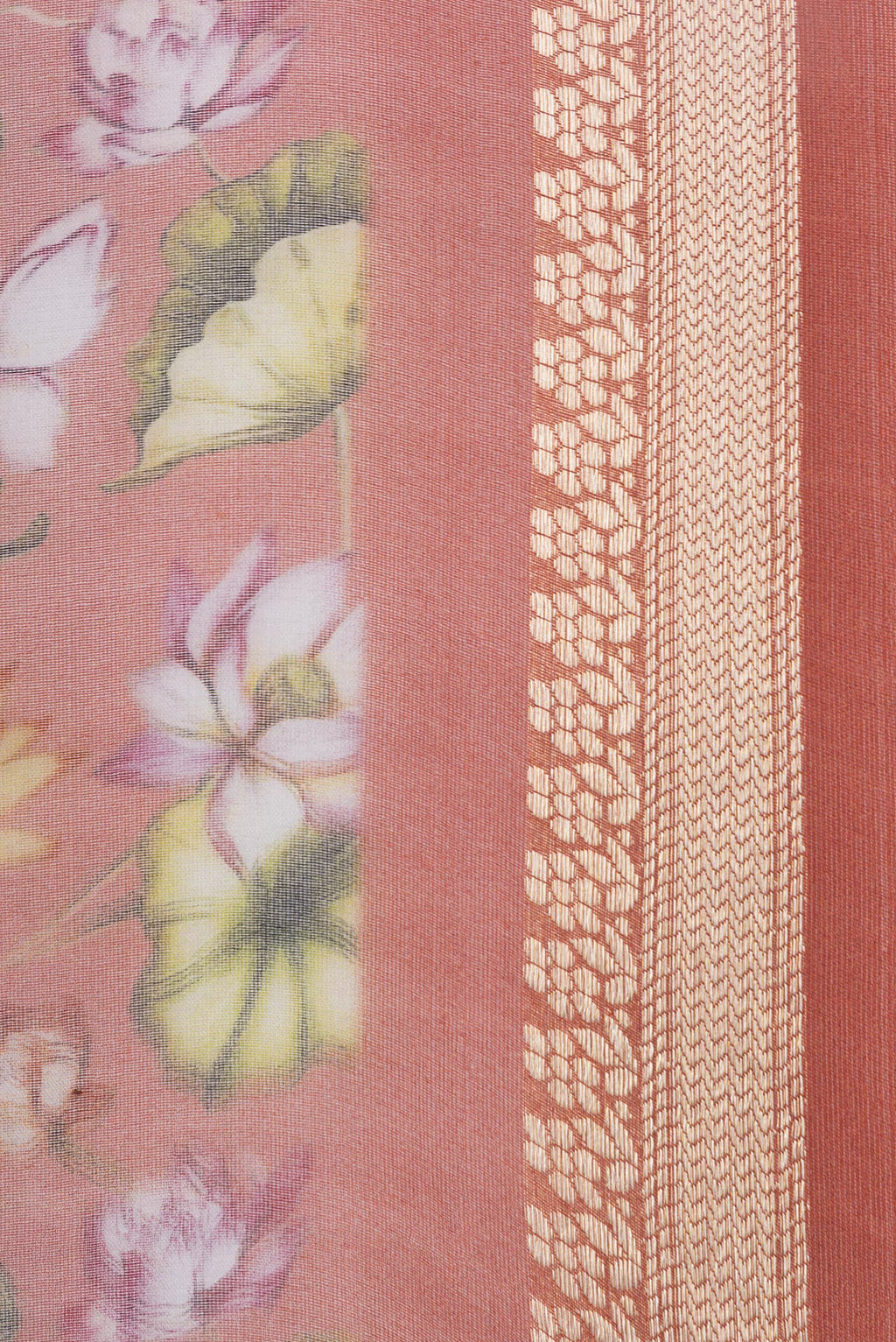 Border image of Orange Dual Tone Organza Silk Saree with Printed design on the body and Zari Border. 