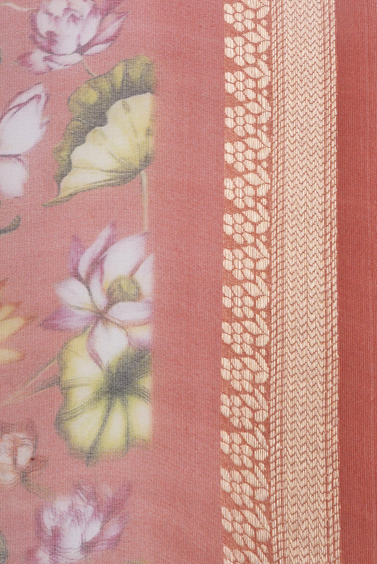 Border image of Orange Dual Tone Organza Silk Saree with Printed design on the body and Zari Border. 