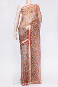 Orange Dual Tone Organza Silk Saree with Printed design on the body and Zari Border.  displayed on a mannequin