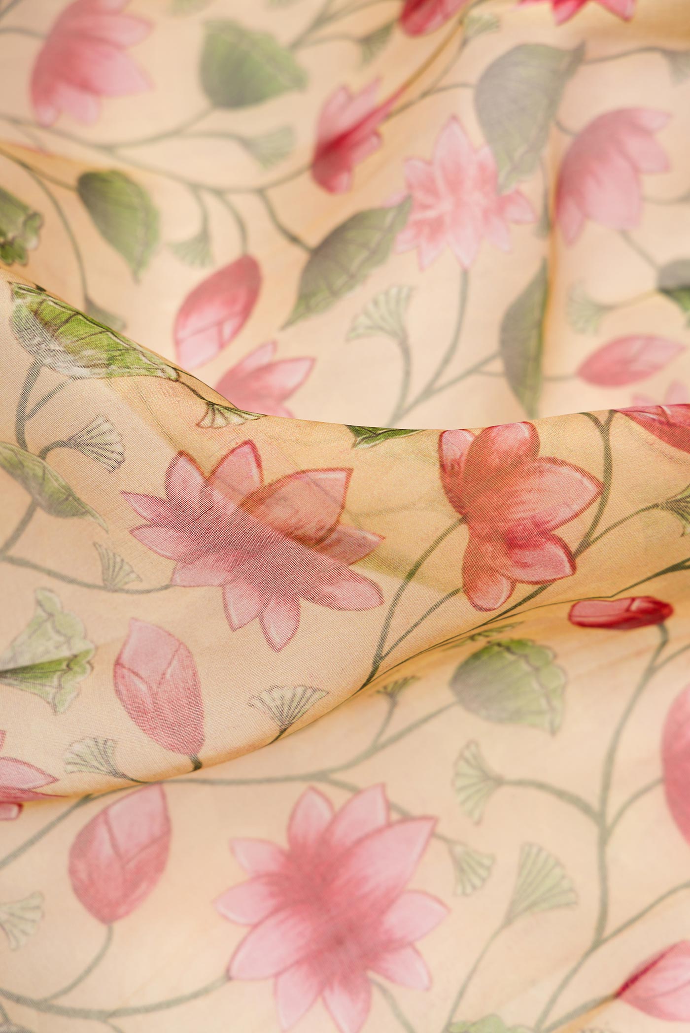 Close up of Sandal Dual Tone Organza Silk Saree with Printed design on the body and Zari Border.  displaying folds