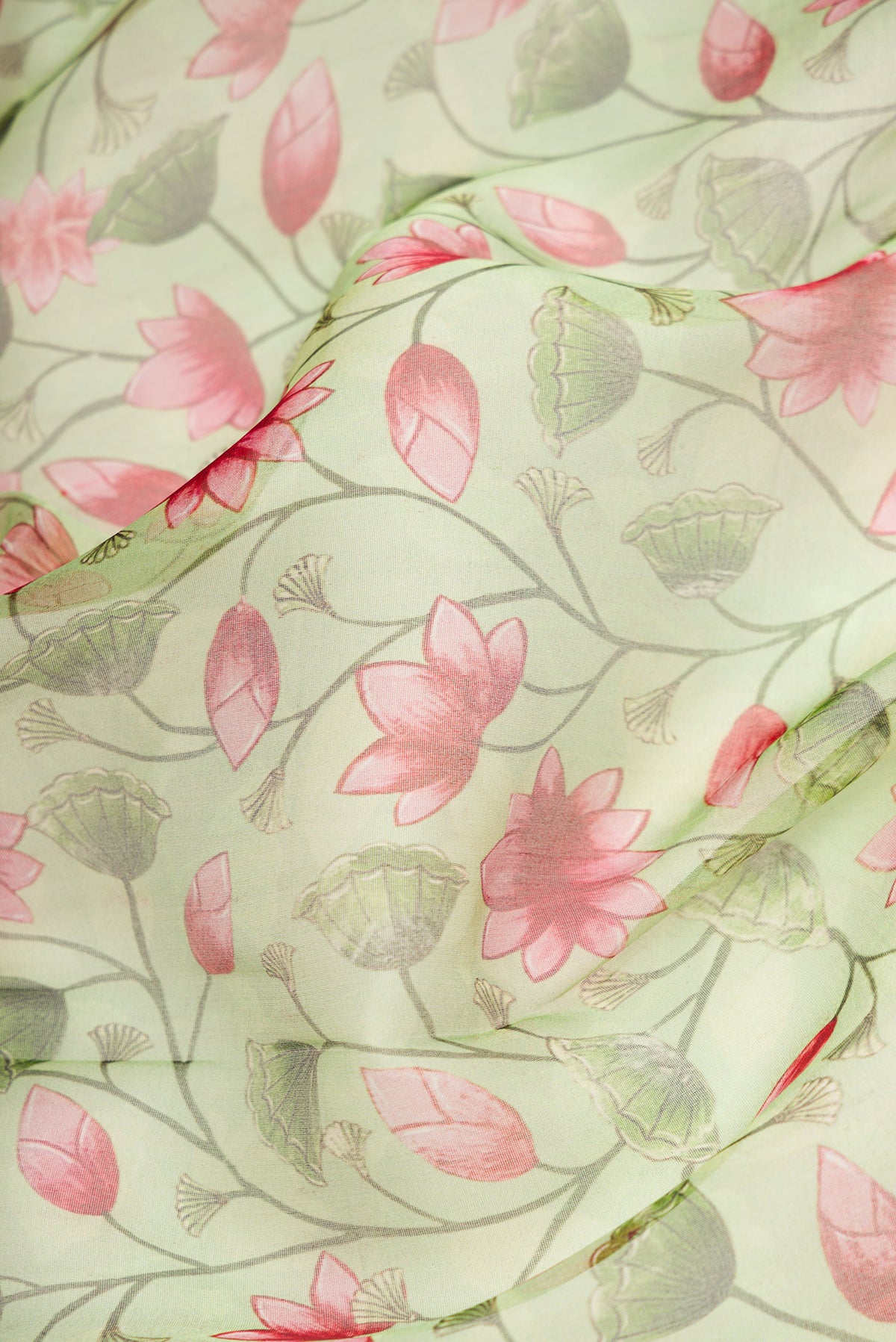Close up of Green Dual Tone Organza Silk Saree with Printed design on the body and Zari Border.  displaying folds