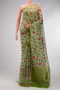 Green Dual Tone Organza Silk Saree with Printed design on the body and Zari Border.  displayed on a mannequin