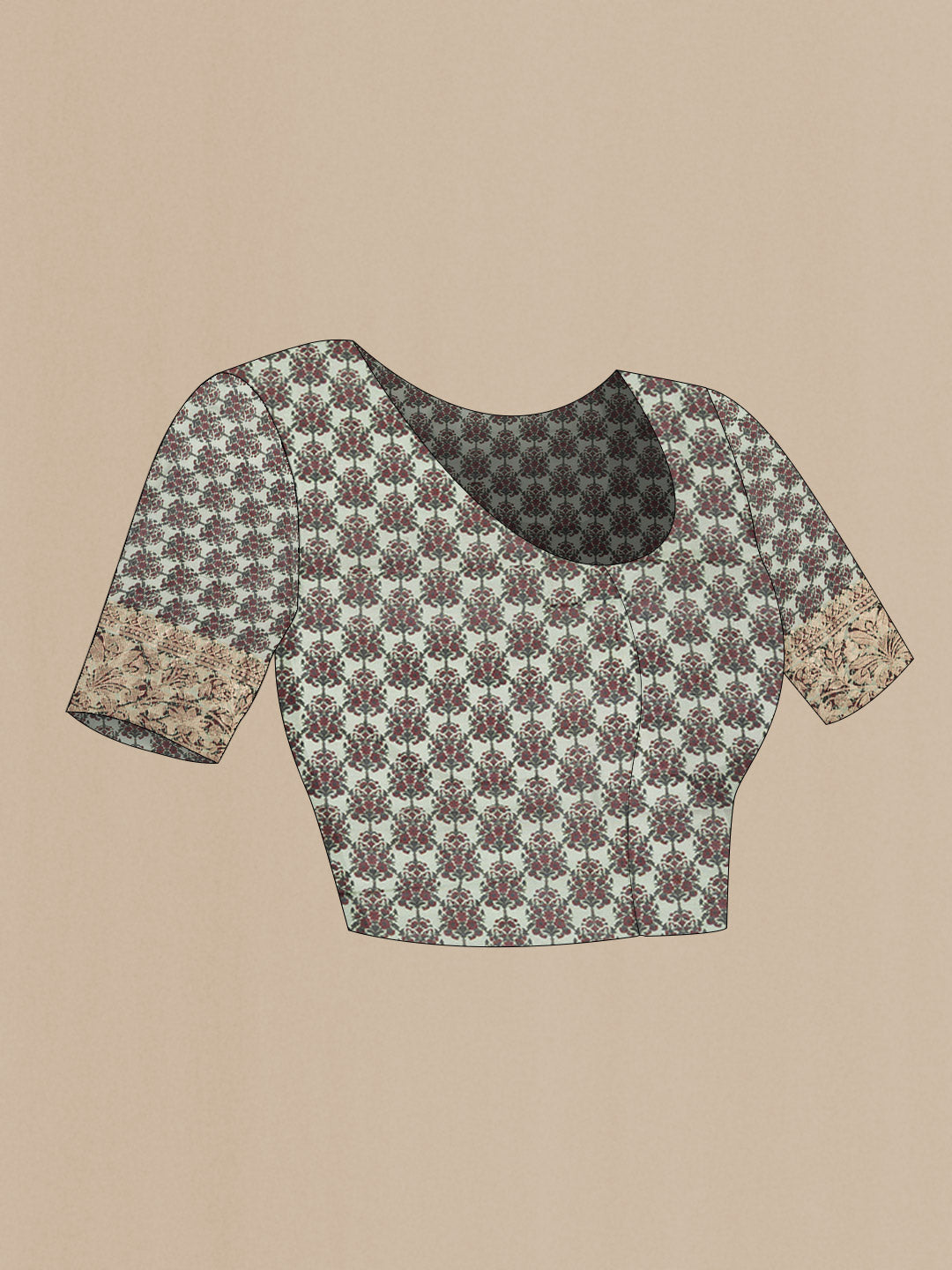 Close up image of the blouse of Beige Dual Tone Organza Silk Saree with Printed design on the body and Zari Border. 