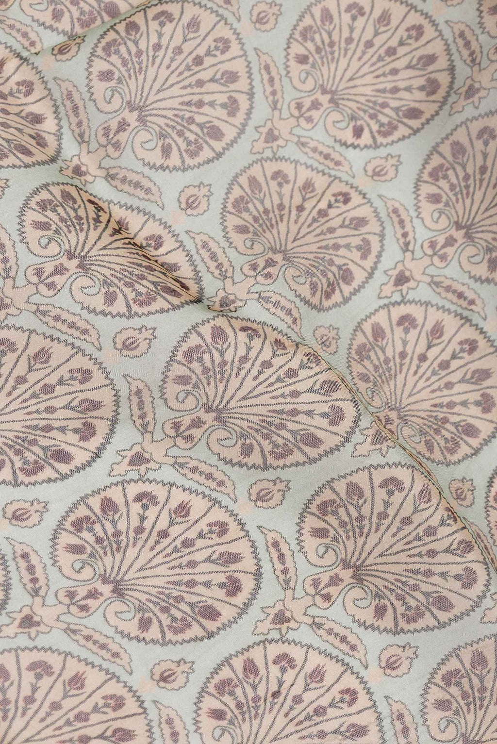 Close up of Beige Dual Tone Organza Silk Saree with Printed design on the body and Zari Border.  displaying folds