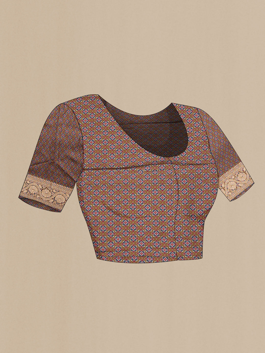 Close up image of the blouse of Rose Gold Dual Tone Organza Silk Saree with Printed design on the body and Zari Border. 