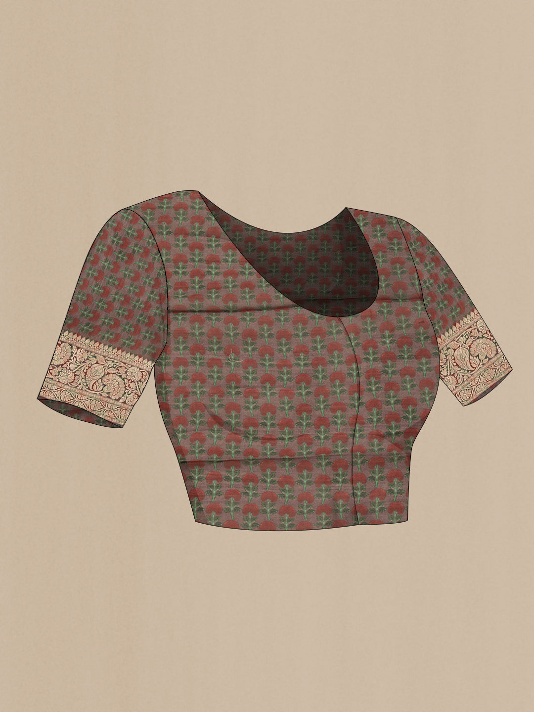 Close up image of the blouse of Brown Dual Tone Organza Silk Saree with Printed design on the body and Zari Border. 