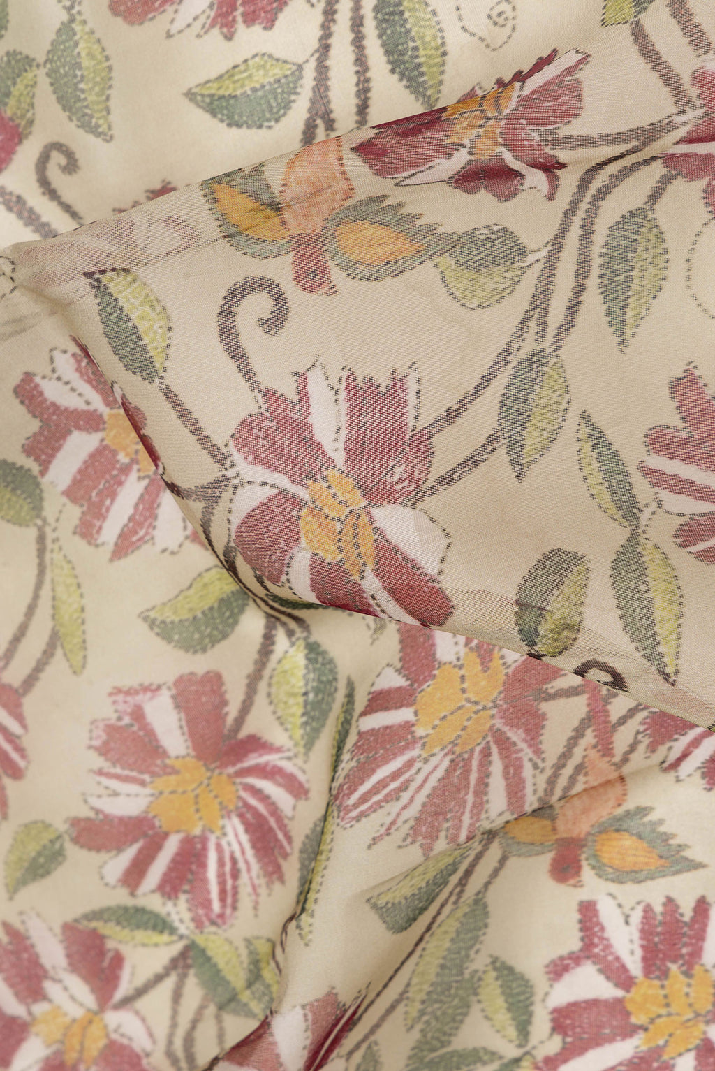 Close up of Pista Green Dual Tone Organza Silk Saree with Printed design on the body and Zari Border.  displaying folds